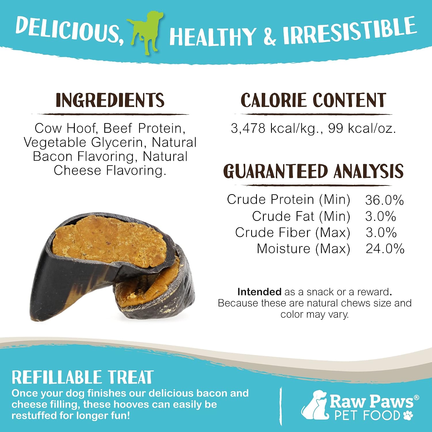 Raw Paws Filled Cow Hooves for Dogs - Bacon & Cheddar Flavor, (5-Count) Free Range Cow Hooves Stuffed Cheese Chew - Stuffed Hoof Dog Chews Treats - Cheese Dog Treats, Bacon Chew