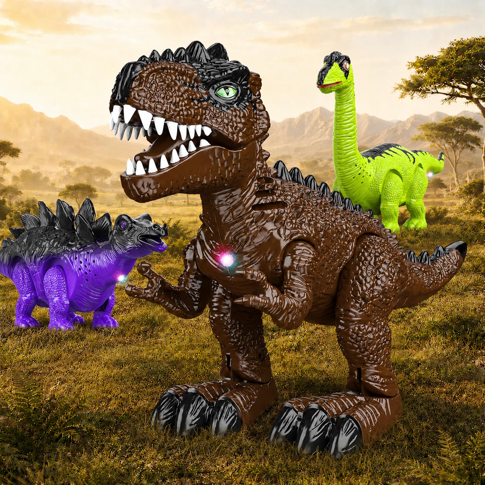 Pack de 3 dinosaurios andantes para niños de 3 a 7 años. Robots eléctricos de T-Rex, braquiosaurio y estegosaurio con luces y rugidos, regalo de Navidad y cumpleaños