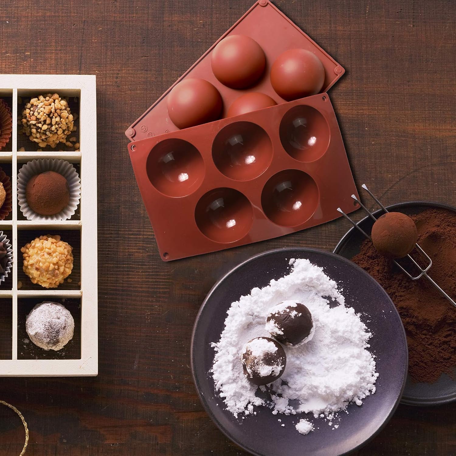 5-Cavity Large Semi Sphere Silicone Mold 2pc Cocoa Chocolate Bombs Molds for Chocolate, Candy, Cake, Jelly, Mousse Making