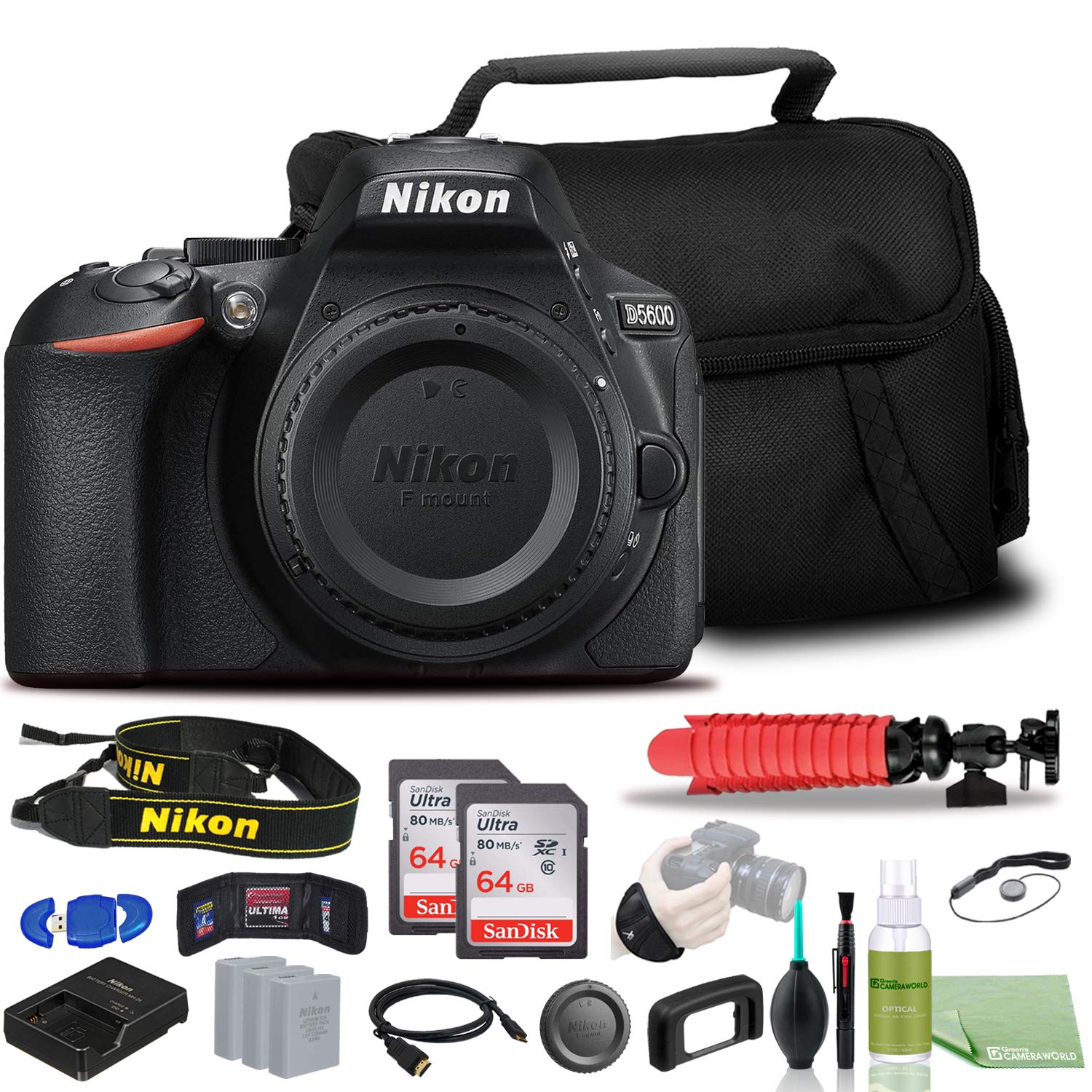 Nikon D5600 DSLR Camera - Bundle - (Body Only) (1575) + 2X Extra Battery + 2X SanDisk 64GB Card + Ca