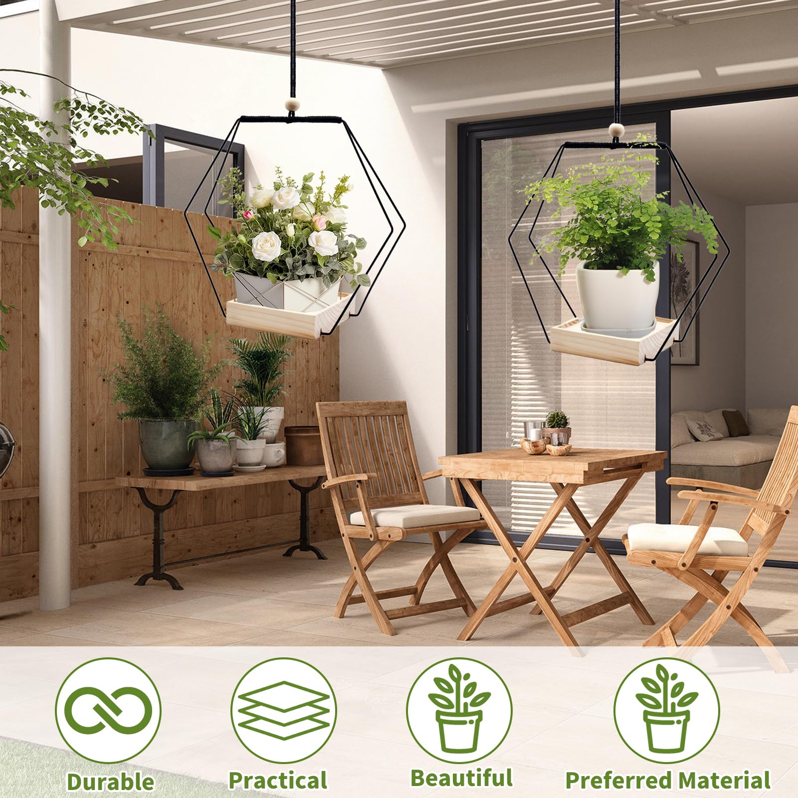 WRQIOO Lot De 2 Pots Suspendus Bohème – Support Métal + Base Bois, Corde Coton, Diamètre 30 Cm – Pour Plantes Intérieur/Extérieur, Déco Murale Ou Plafond