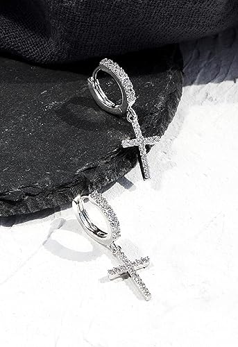 Miniatura 5 de Aretes de aro chapados en oro de 14 quilates, aretes de cruz de oro de moda para mujer, aretes pequeños de circonita cúbica, aretes colgantes de