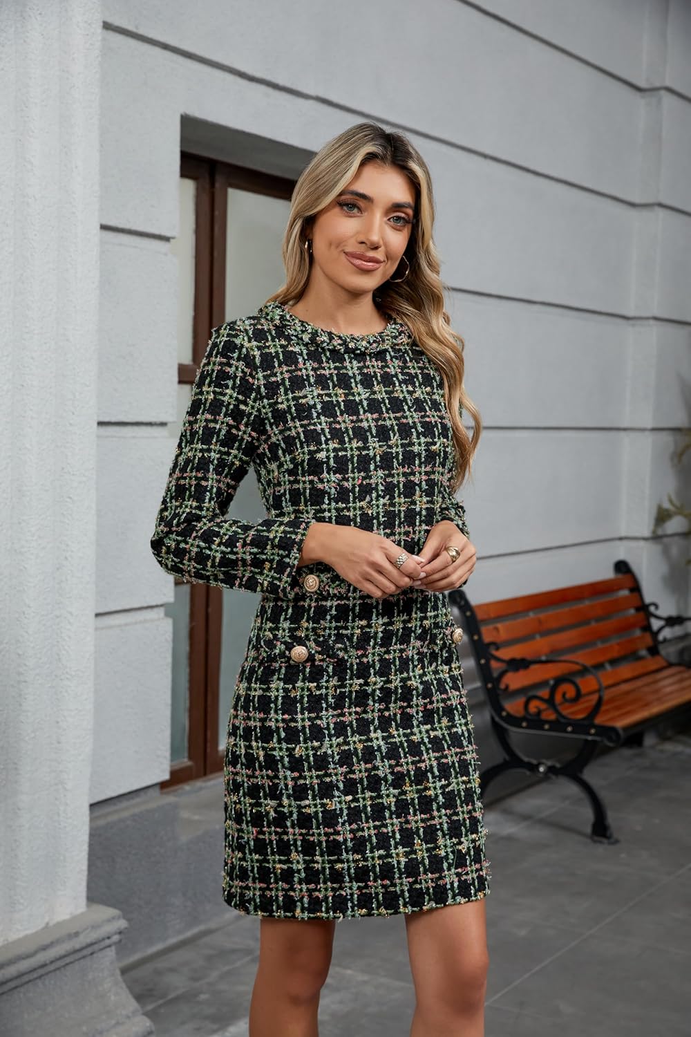 LifeShe Women's Long Sleeve Tweed Mini Dress Business Work Short Dress Elegant Cute Party Dresses - Image 6