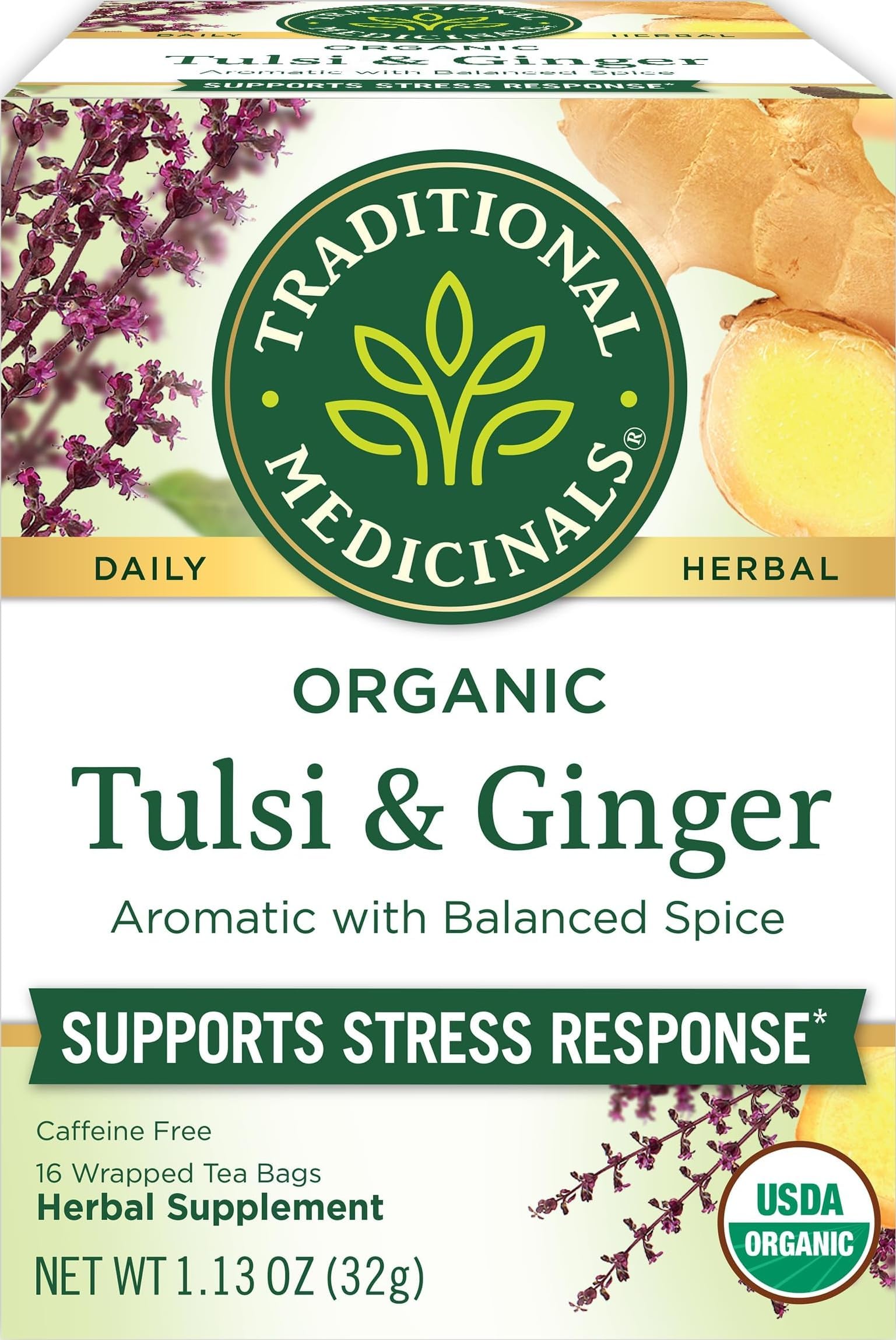 Traditional Medicinals Tea, Organic Tulsi & Ginger - Relieves Stress, Tension, & Irritability - Kosher, Non-GMO, Caffeine-Free - 16 Tea Bags