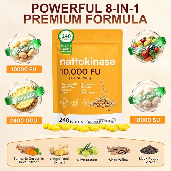 Nattokinase Supplement 10,000 FU, 240 Nattokinase Softgels Enteric Coated Softgels with MCT Oil Natural Natto Extract with CoQ10 Bromelain Turmeric Ginger Olive Leaf Non-Gluten