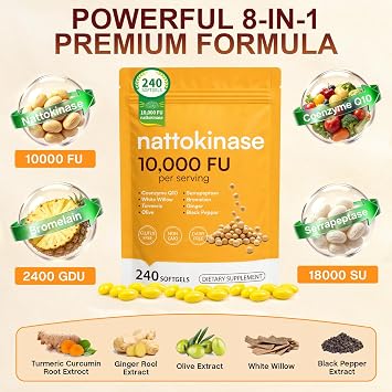Nattokinase Supplement 10,000 FU, 240 Nattokinase Softgels Enteric Coated Softgels with MCT Oil Natural Natto Extract with CoQ10 Bromelain Turmeric Ginger Olive Leaf Non-Gluten