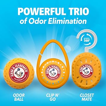 Arm and Hammer Odor Busterz Deodorizer Balls Mixed Pack: 4 odor eliminating balls, 2 with handy clips, 2 with hangers, 8 total for closets, bathrooms, work & sports gear, laundry hamper (8 Count)