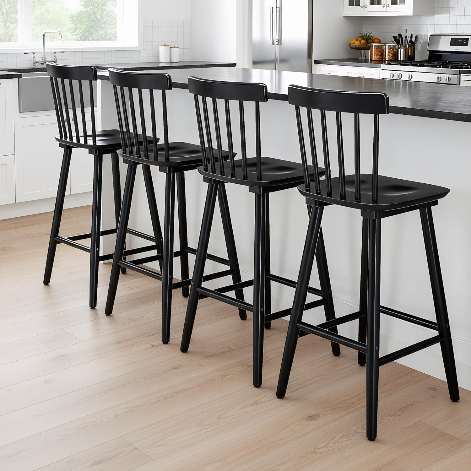 chairus 26" Black Windsor Counter Height Bar Stools Set of 6, Farmhouse Wooden Counter Stools with Spindle Back, Modern Rustic Kitchen Island Bar Chairs