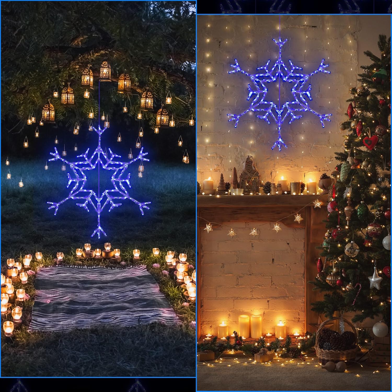 VIHOSE 36" Christmas Snowflake Lights 162 LED Snowflake Decoration Large Outdoor Hanging Lights for Yard Porch Christmas Party Nativity Scene Special Soft Head for Folding Iron Frame (Blue)