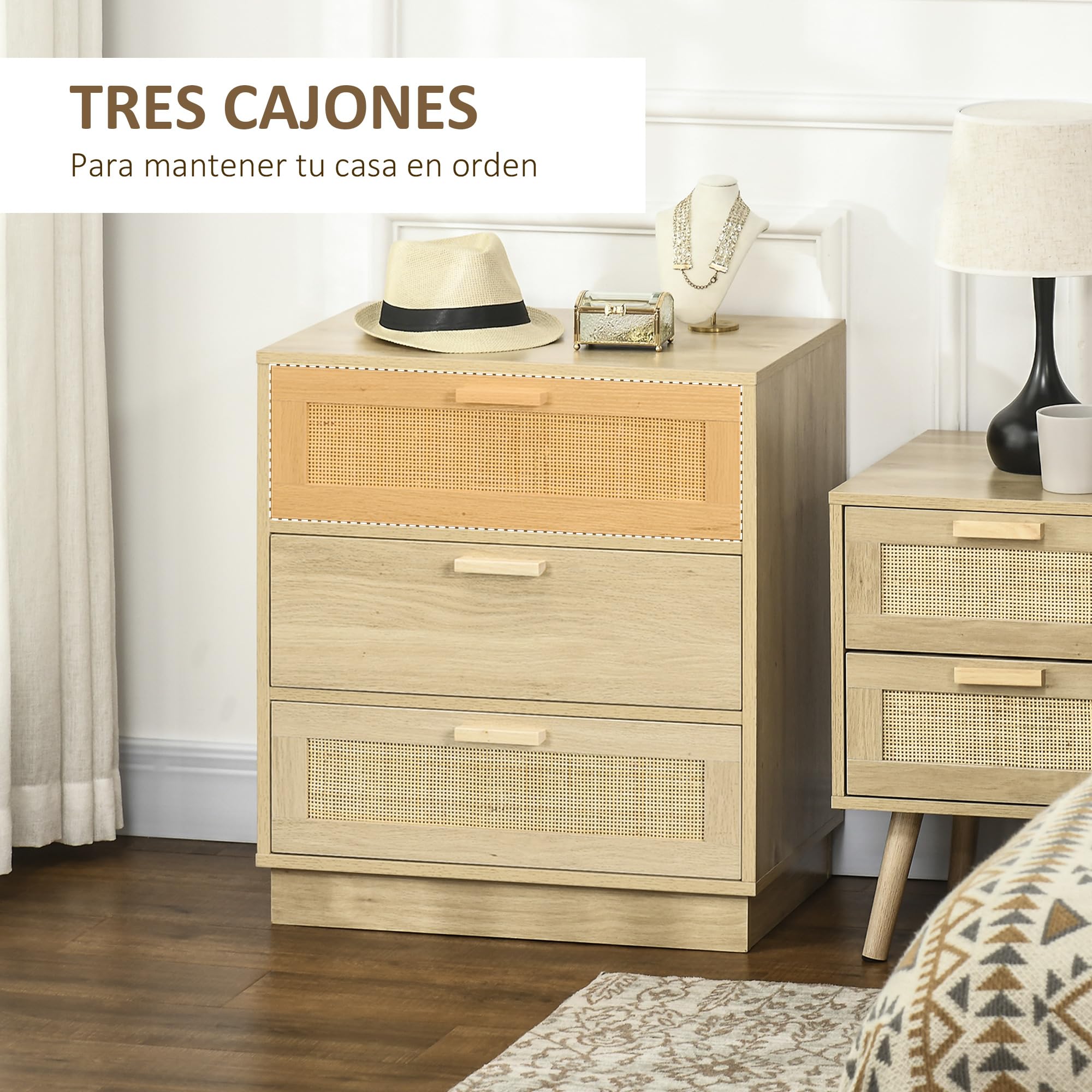 HOMCOM Cómoda de Noche con Cajones de Rejilla de Ratán Cómoda de Dormitorio Estilo Bohemio Antivuelco para Sala 60x38x69 cm Natural