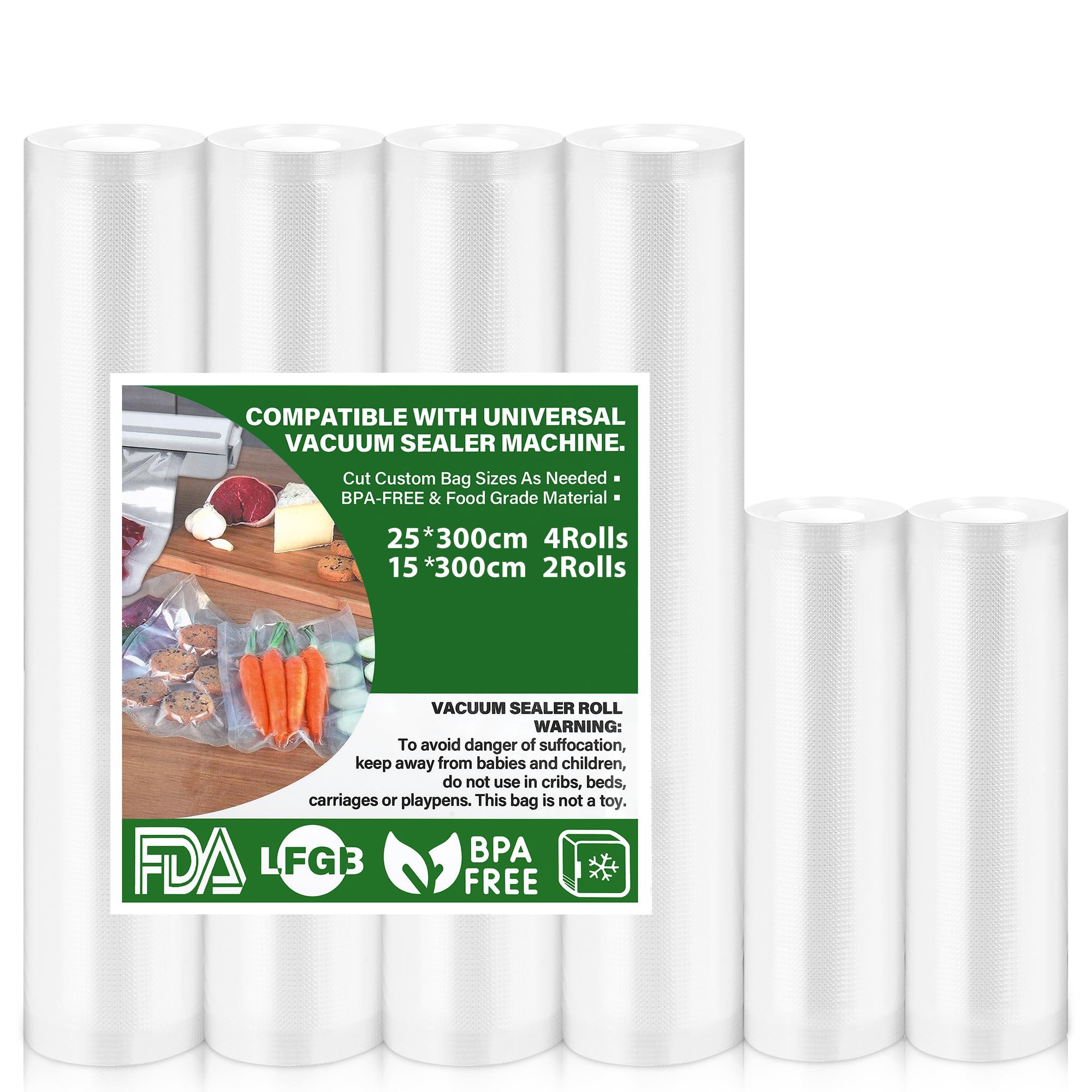 Vakuumierbeutel 6 Rollen Vakuumbeutel Lebensmittel 15|25x300cm, Vakuumierfolie für alle Vakuumiergerät, BPA-frei, reißfest, 190µm, Sous Vide Gefrierbeutel für alle Mikrowelle