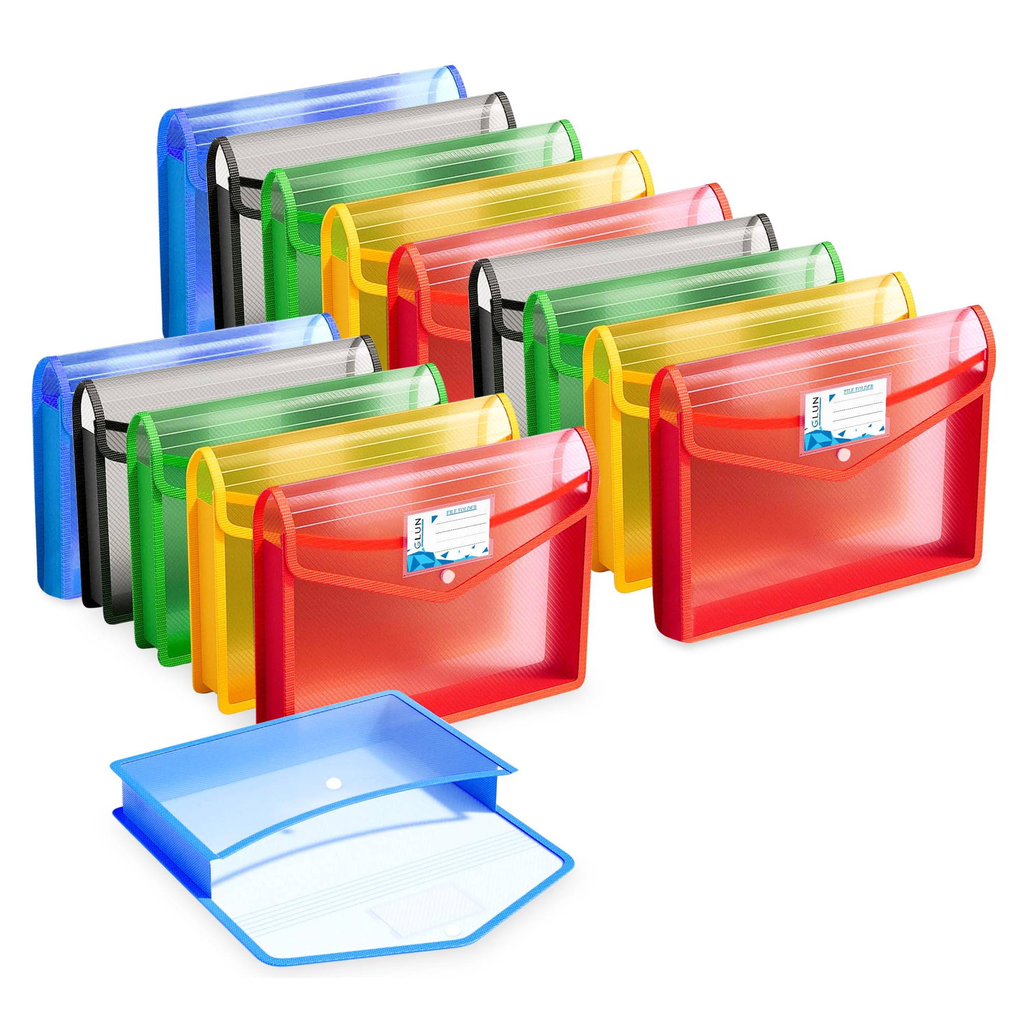 GLUN® Pack of 15 Multicolour Translucent File Folder Snap Button Locking System, A4 Carry Bag with Strong Stitch, Strong Borders with Poly Cloth, Documents File Storage Bag