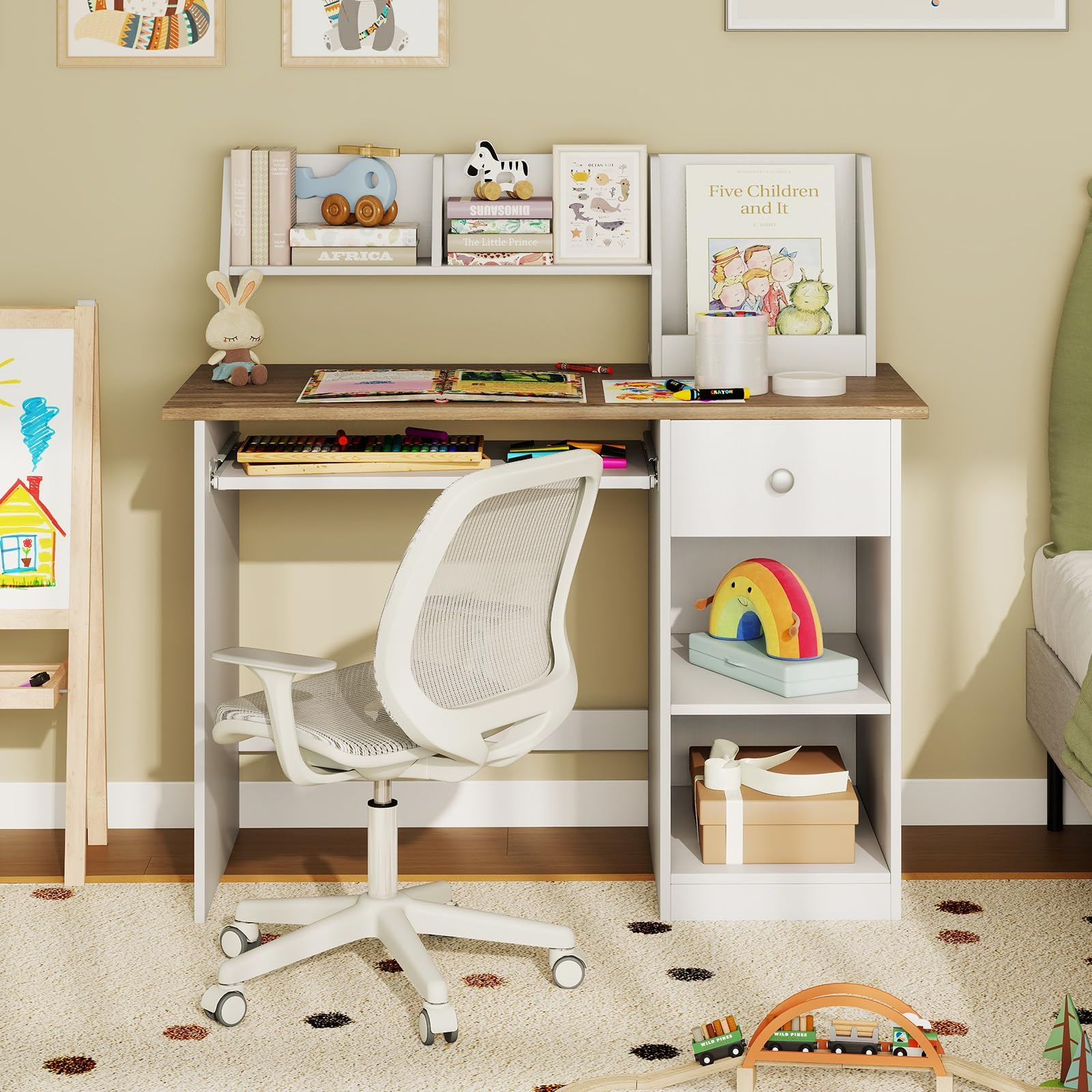 COSTWAY Kinderschreibtisch aus Holz, Kinder Schreibtisch mit Schublade, Tastaturablage & Bücherregal, Schülerschreibtisch für Kinder ab 3 Jahren, 90 x 45 x 90 cm (Natur)