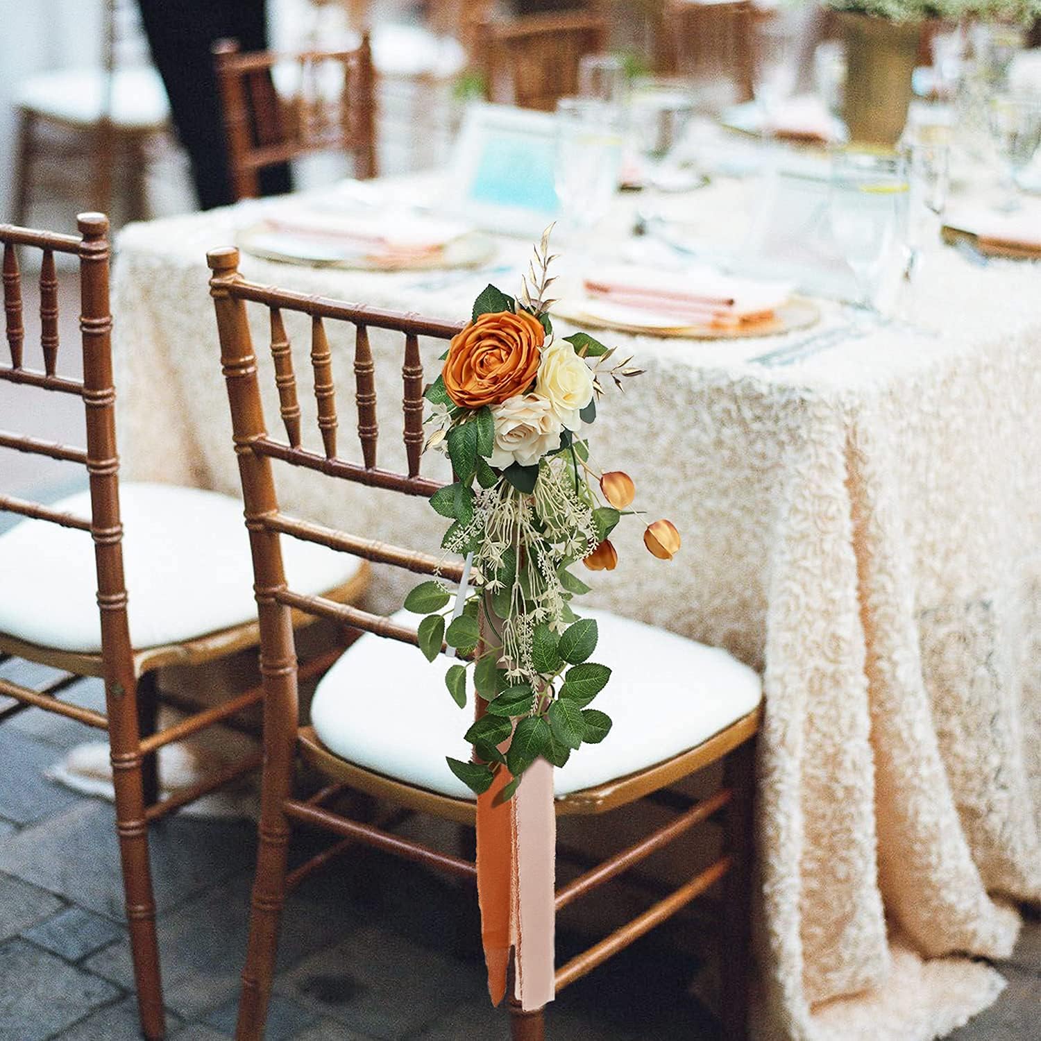 Rinlong 6Pcs Wedding Aisle Decorations Church Chair Bench Flowers for Wedding Ceremony Decor Burnt Orange Artificial Flowers Wedding Chair Decor