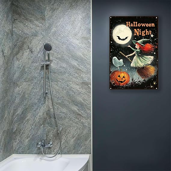 Tin Metal Sign Halloween Night Red haired witch flying on a broom for Outdoor, Indoor, Office, Business, Bathroom, Bar Man Cave Signs Decor 8x12
