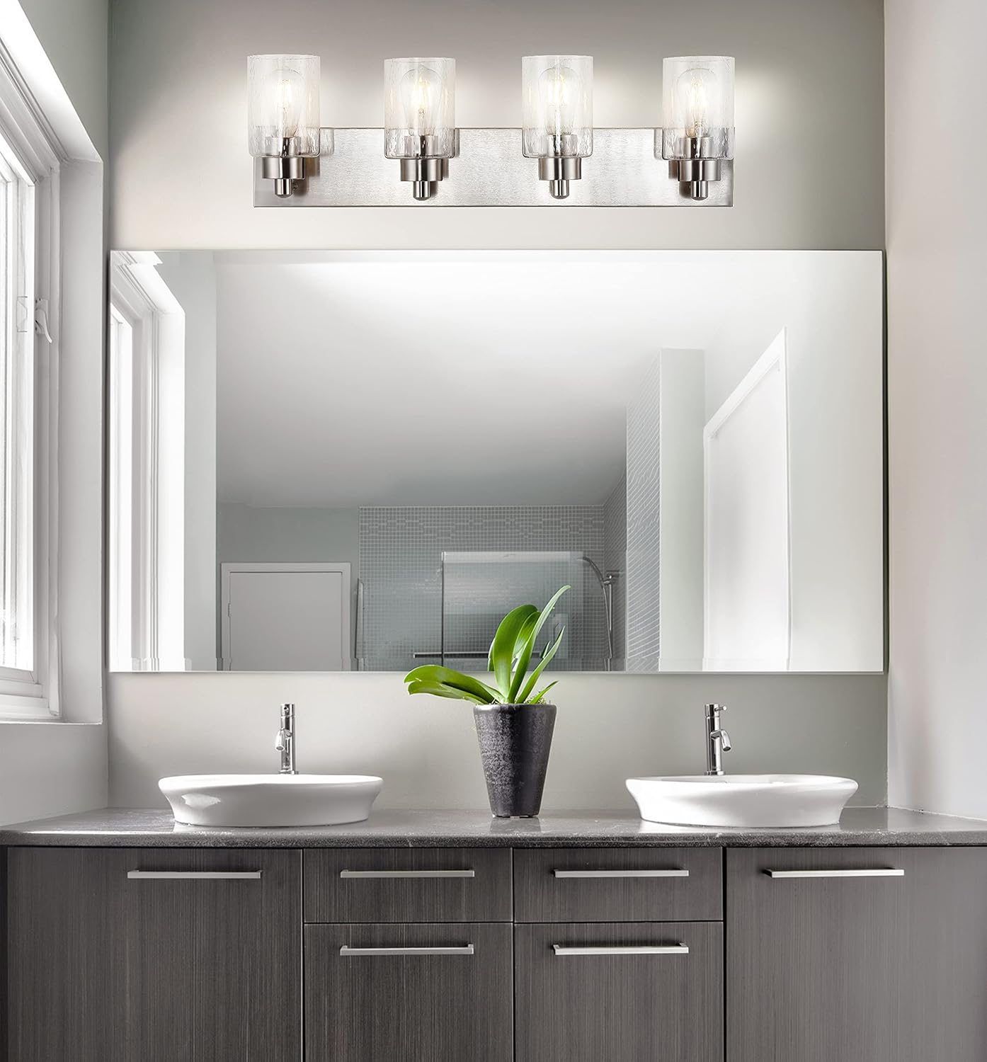 JONATHAN Y 27.75" Nickel 4-Light Modern LED Vanity Light for Bathroom Mirror, Mid-Century Wall Sconce with Clear Seeded Glass Shades, Contemporary Iron Fixture, LED Bulbs (JYL7558A)