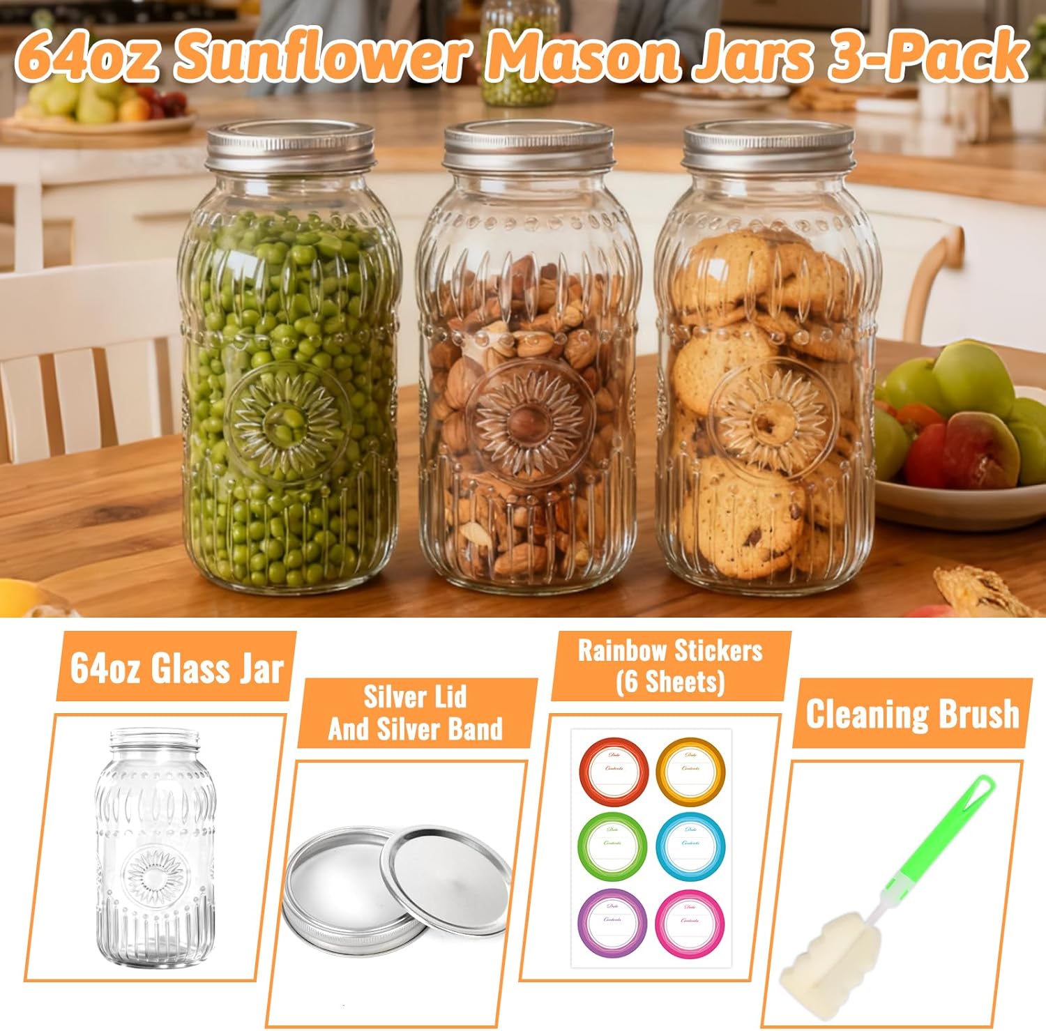 Mcupper 64 oz Glass Mason Jars Wide Mouth with Airtight Lids & Bands, 3 Pack with Sunflower Design, Large Half Gallon Mason Jars For Pantry, Canning, Fermenting & Pickling or Storing Clear02