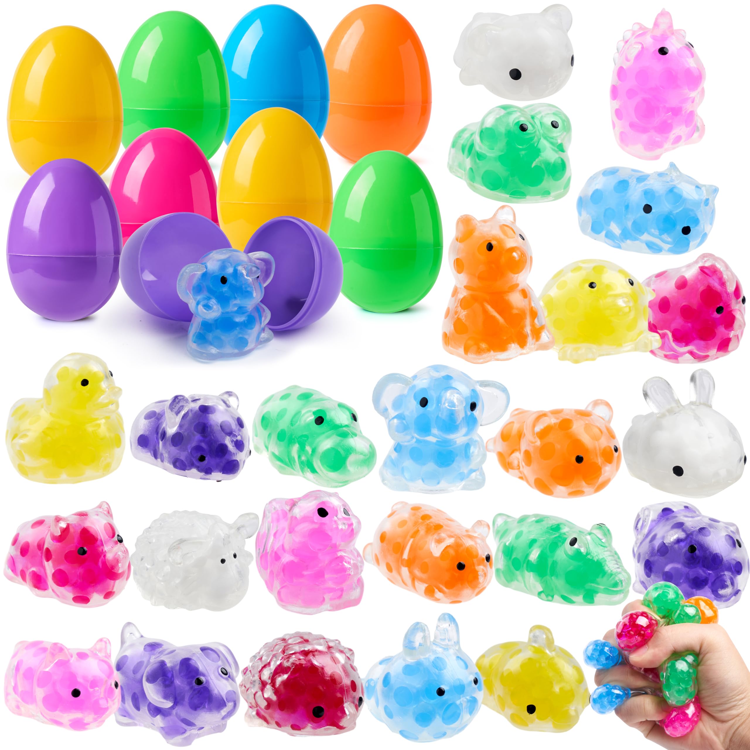JOYIN Lot de 24 œufs de Pâques pré-remplis avec jouets à écraser mochi pour la chasse aux œufs de Pâques, remplissage de panier, cadeau de fête, soulagement du stress, prix pour la salle de classe