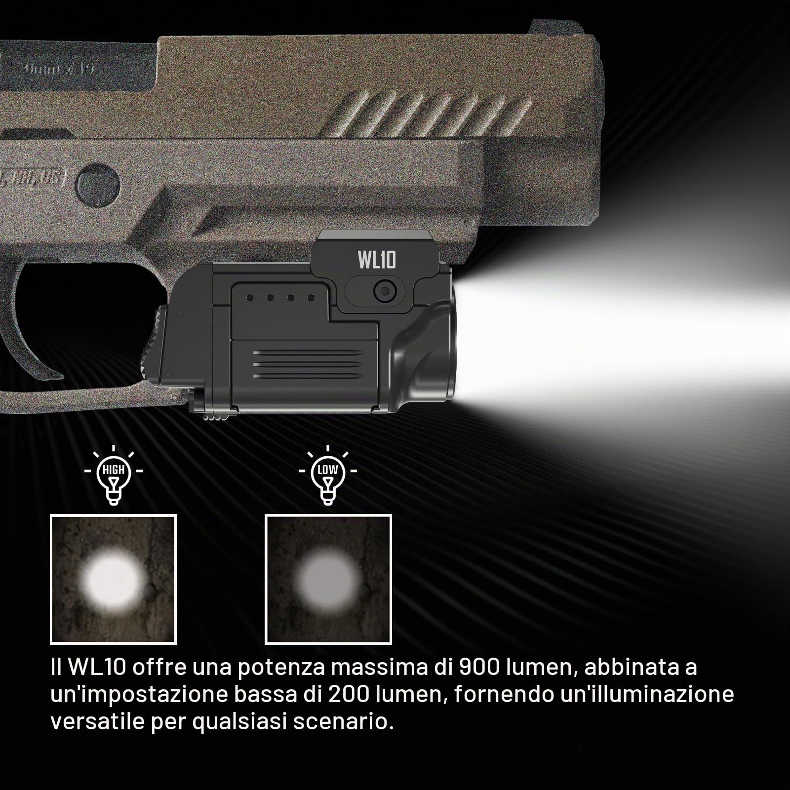 AIMWIN per Pistola 900 Lumen – Torcia LED Compatta Ricaricabile Montata su Slitta per Pistole, Impermeabile, Resistente, Alta Potenza – Compatibile con Glock, Slitta Picatinny 1913