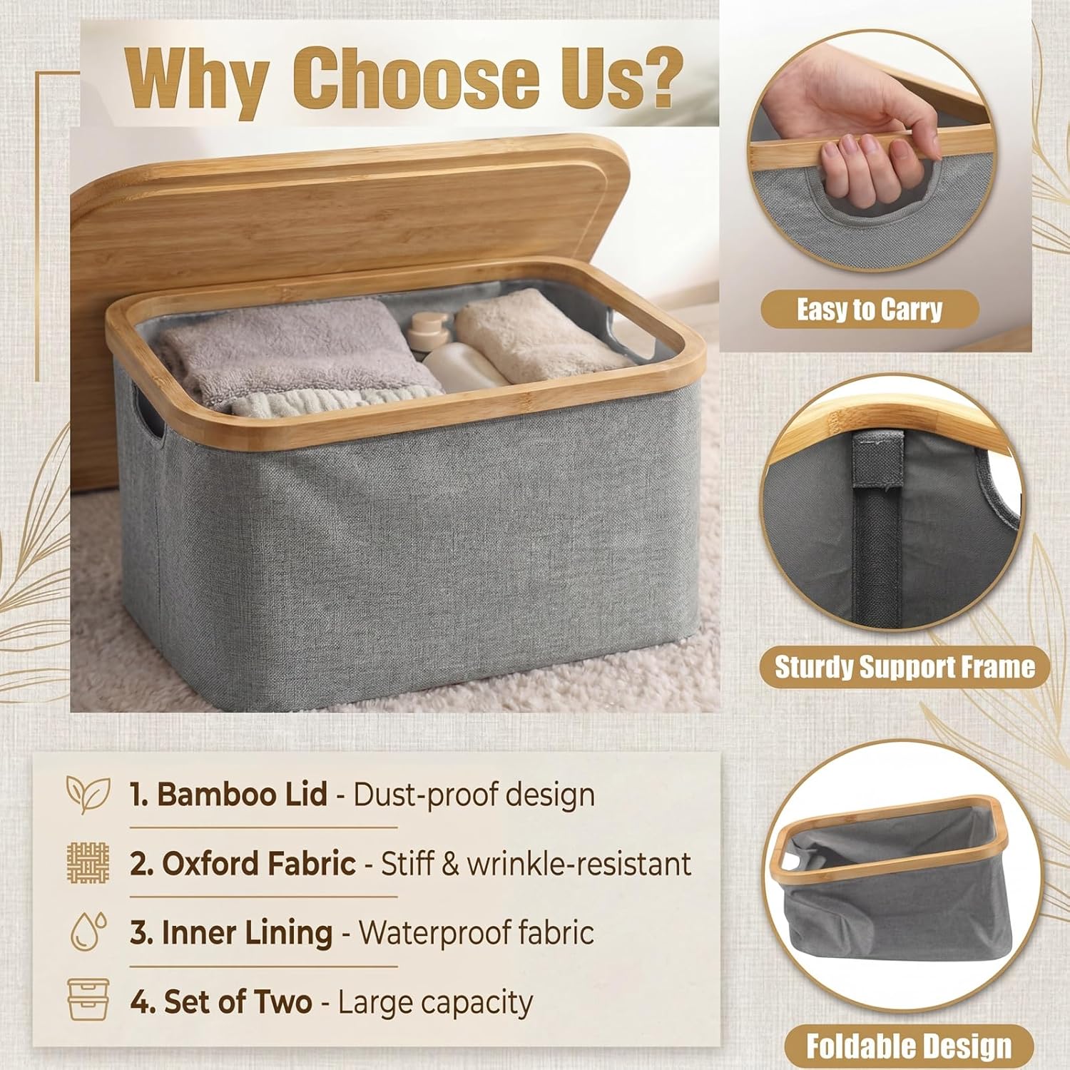 Novabright 2 Pcs Collapsible Storage Basket with Bamboo Lids 15" x 10" Foldable Fabric Storage Bins with Handles for Organizing Shelves Closet Nursery Bedroom Clothes Toys Blankets(Gray)