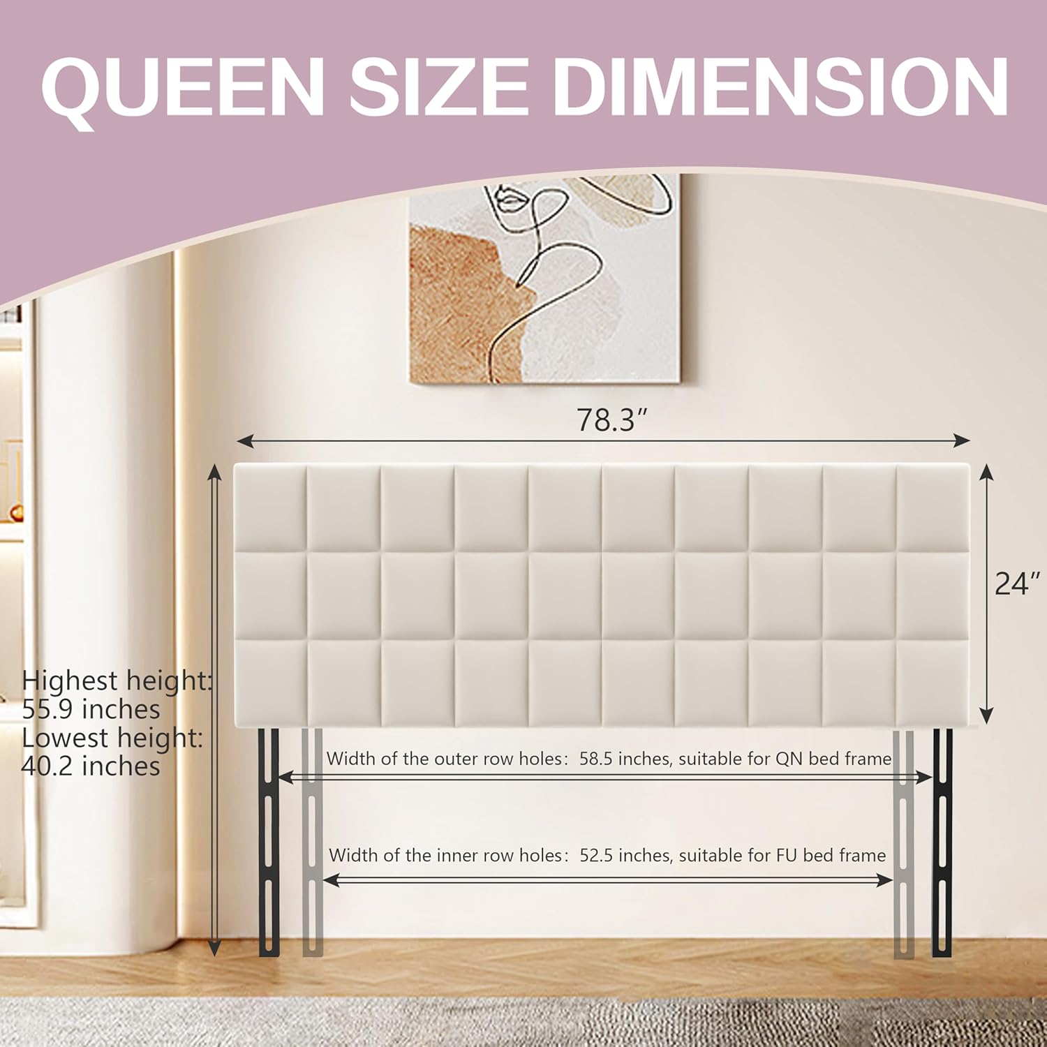 ALISH Velvet Tufted Headboard with Adjustable Height and Width, Foldable Upholstered Headboard with Metal Legs for King Queen Metal and Wood Bed Frame (Beige, Queen)