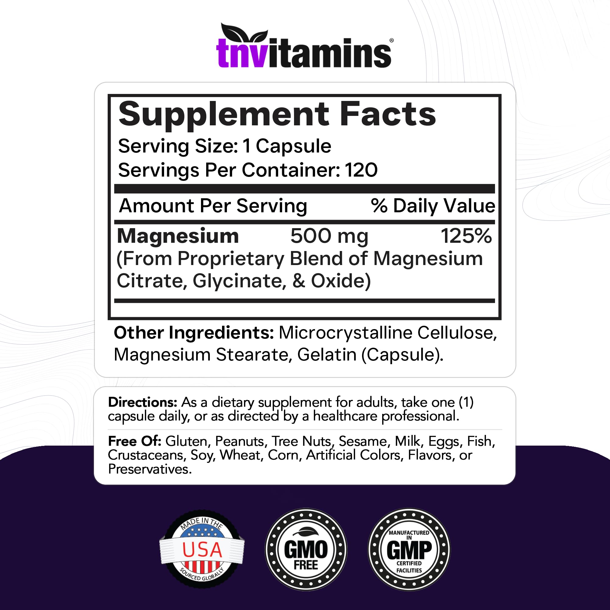 Triple Magnesium Complex Supplement 500mg: Magnesium Glycinate, Citrate, & Oxide - 120 Capsules (4 Month Supply!) | 1 Capsule Serving Provides 125% Daily Value | Non-GMO, Made in the USA! — Amazon image 2