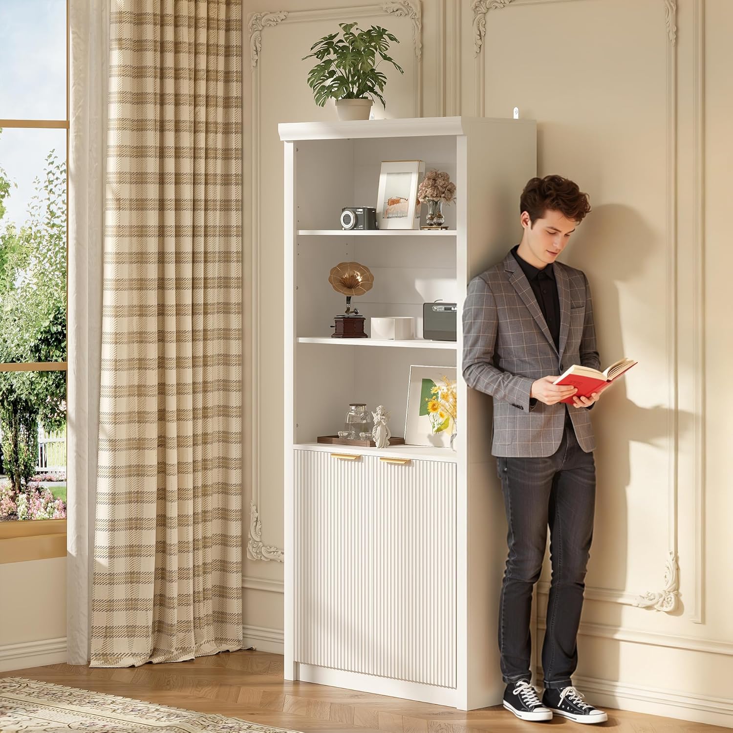 Garvee Tall Book Shelf and Bookcase, Wooden Bookcase with Doors, Modern Book Case with Large Storage Cabinet, 5-Shelf Bookcases with Adjustable top Shelve for Home Office, Living Room, 2 Set White