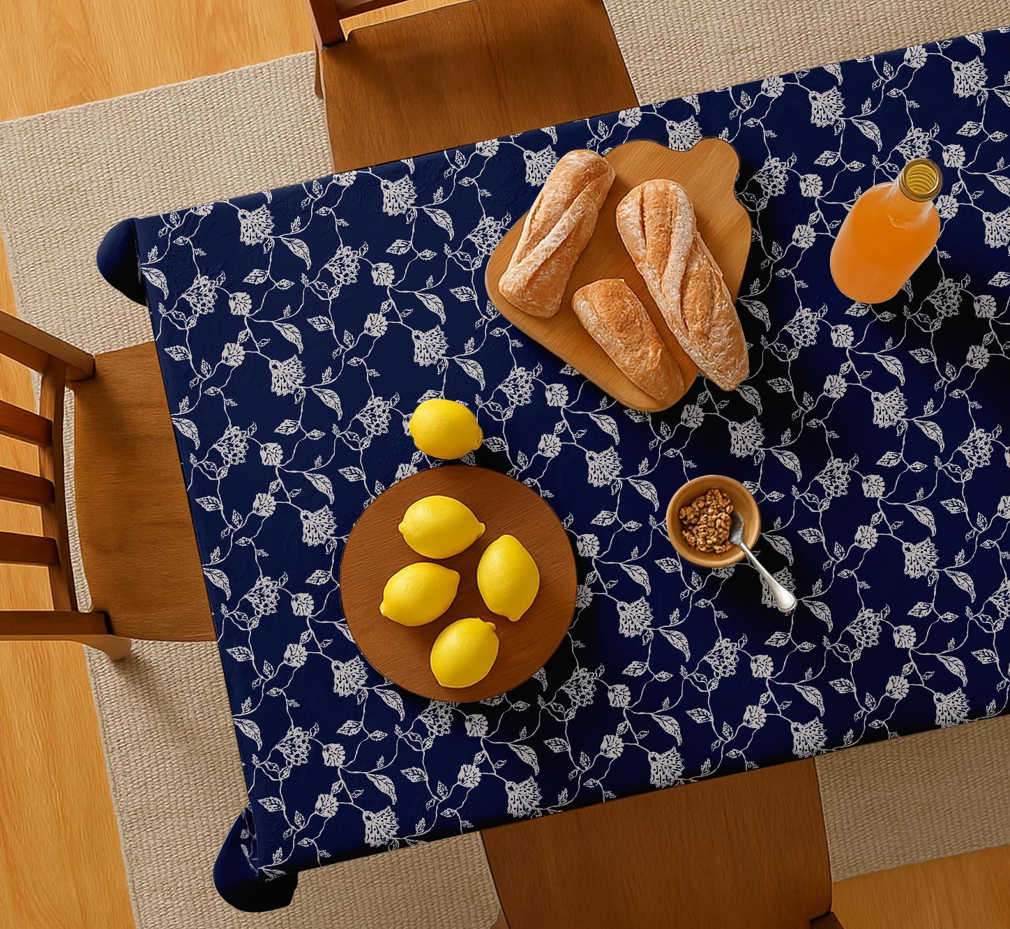 Floral Design Tablecloth - Blue 54X54 Inch Cotton Twill Dining Table Cover, Perfect for 4 Seater Tables, Durable, Washable, Wrinkle Resistant, Ideal for Festive Occasions & Gatherings