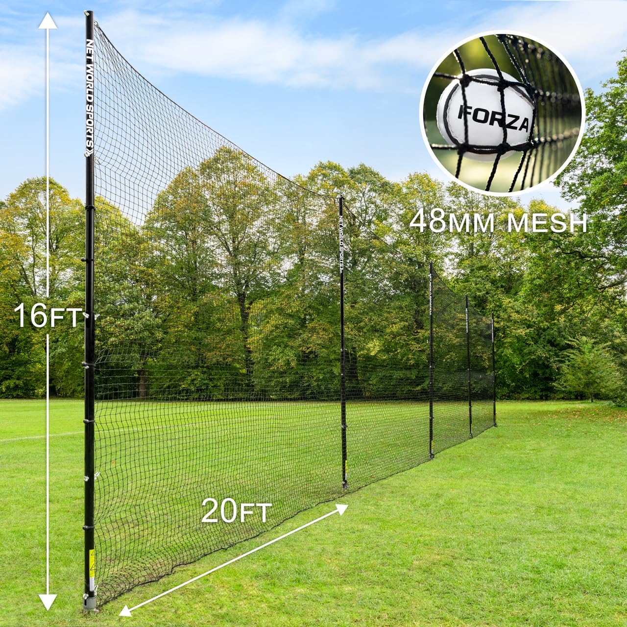 Stop That Ball™ Pro Socketed Ball Stop Net & Posts | Multi-Sport Removable Net Systems and 4 Netting Types (Soccer, 16ft x 80ft)