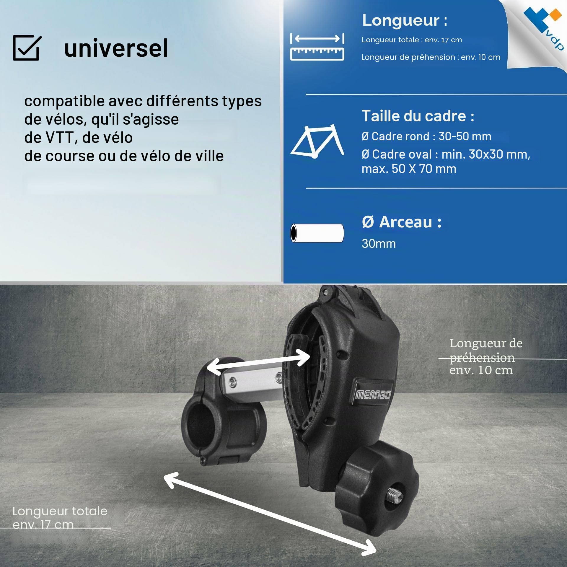 MENABO Support de Cadre Universel pour Porte-vélos - Court 17 cm - Support de Rechange pour Porte-vélo - Support de Cadre de vélo pour diamètre de Cadre de 3 à 7 cm - pour Tube en U de 3 cm de