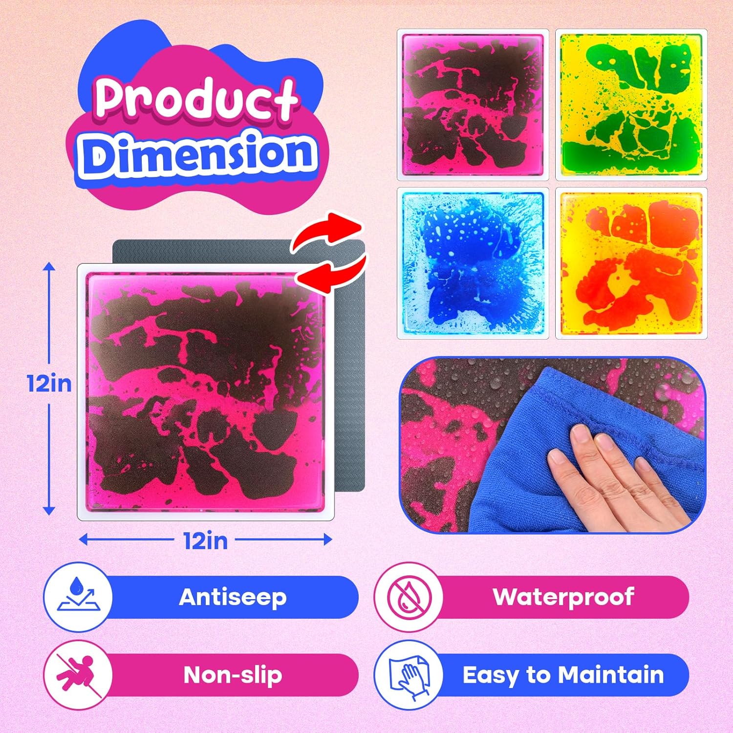 Sensory Floor Tiles for Kids Toddlers: 12"x12" Liquid Sensory Mats Puzzle Pads, Colorful Autism Sensory Play Mat for Dancing Stepping Lava Tile Games, Daycare Sensory Room Preschool Must Have(4 Pack)