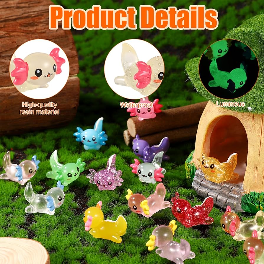 Axolotl Plush XIHIRCD 32pcs Mini Axolotl Figures, Glow In The Dark Resin Axolotl Tiny Animal Figurines Ornament Axolotl Charms For DIY Craft Garden Landscape Dollhouse Potted Plants Decorations (16 Colors Desk Pets