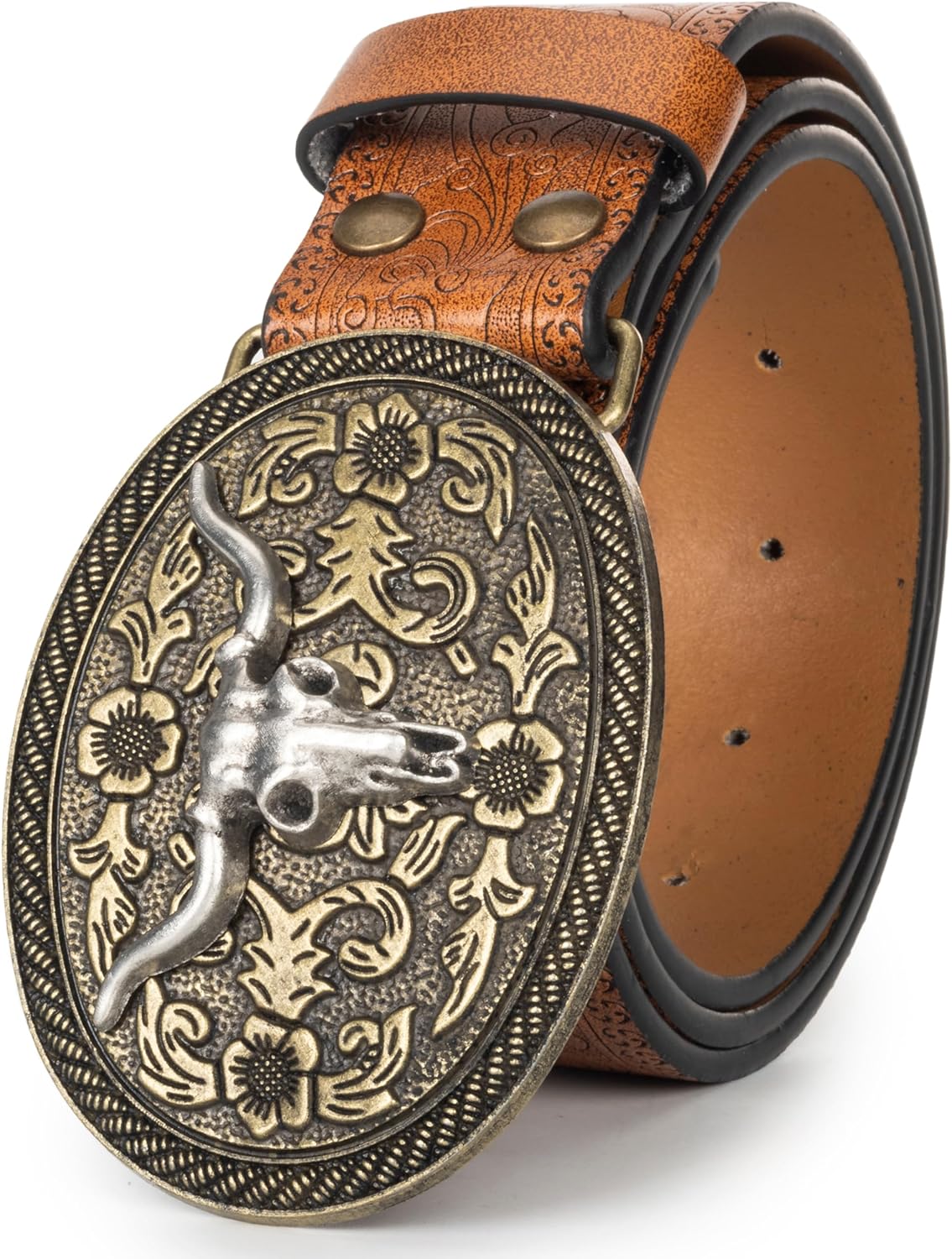 Mens Western Cowboy Belt Vintage Embossed Leather Belt With Longhorn Cow Pattern Buckle Fit 25" to 38" Waist - Image 7