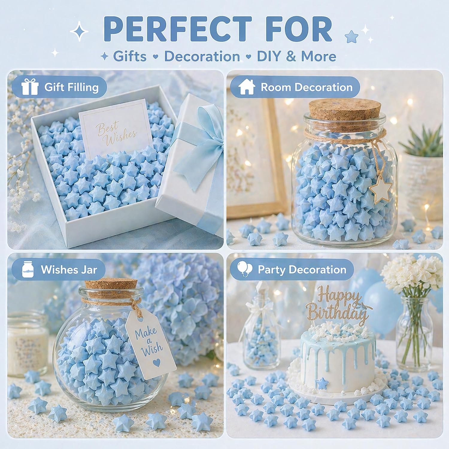 Origami Lucky Stars, 500 Pcs Premade Origami Paper Stars Multicolor Handmade Wishing Stars for DIY Christmas New Year Wedding Valentine's Day Gift (Light Blue, 500)
