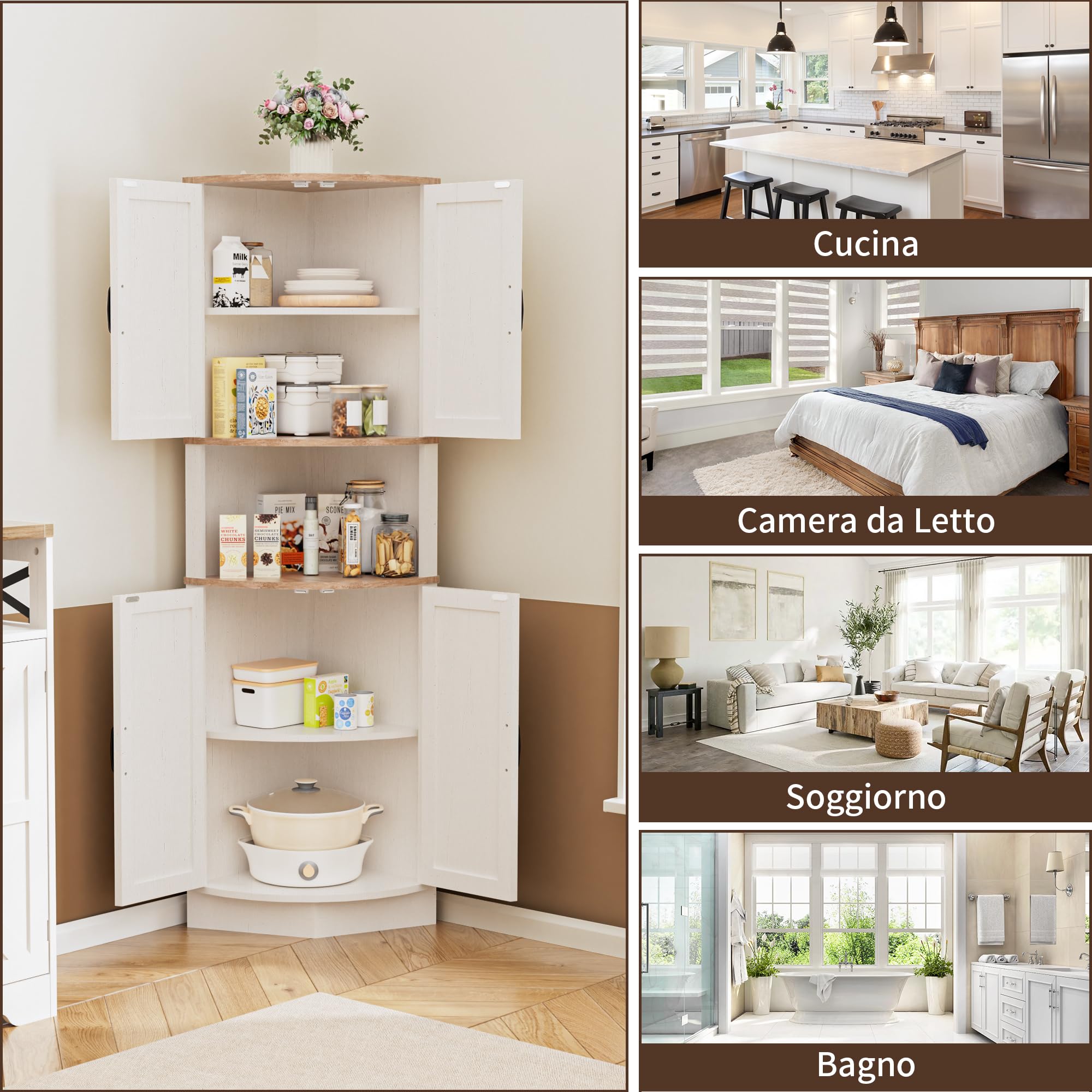 BonVache Angolare, Mobile Ante e Ripiano Regolabile, Mensola Angolare, per Cucina, Soggiorno, Sala da pranzo, Bianco, Bagno, Stile Farmhouse Moderno, Bianco