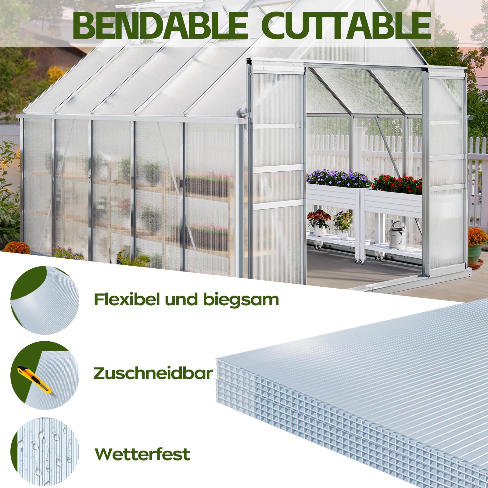 Warmfay 10 planchas alveolares de policarbonato de 4 mm, 1210 x 605 mm, doble puente de 7,32 m², con 50 grapas + 50 clips en Z, recortables, resistentes a los rayos UV, para invernadero, cocheras, etc