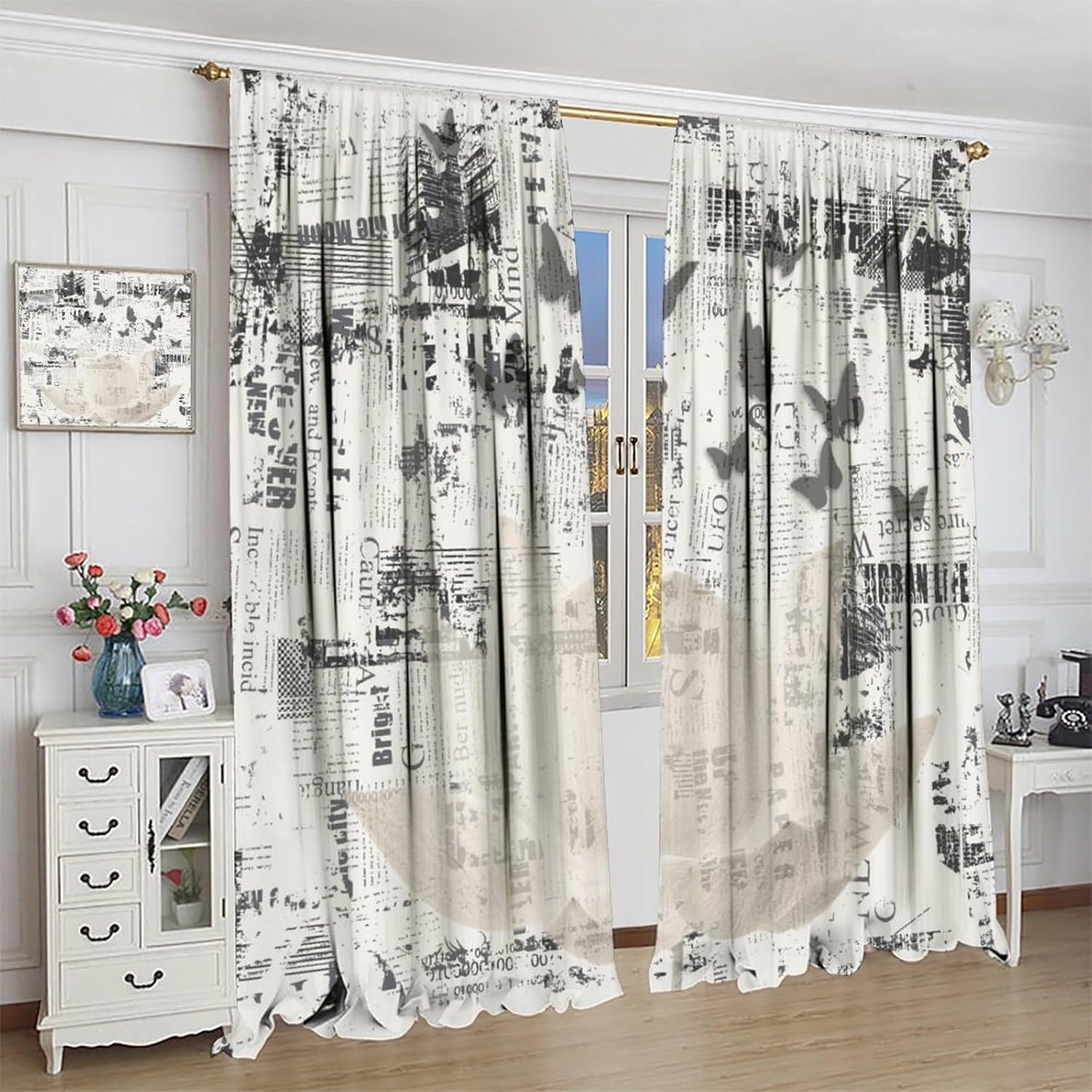 Retro Lotus Newspaper Curtain Grey Zen Flower and Butterfly with Retro Newspaper Background Rod Pocket Curtains Bedroom Living Room Decor 42" W X 54" L