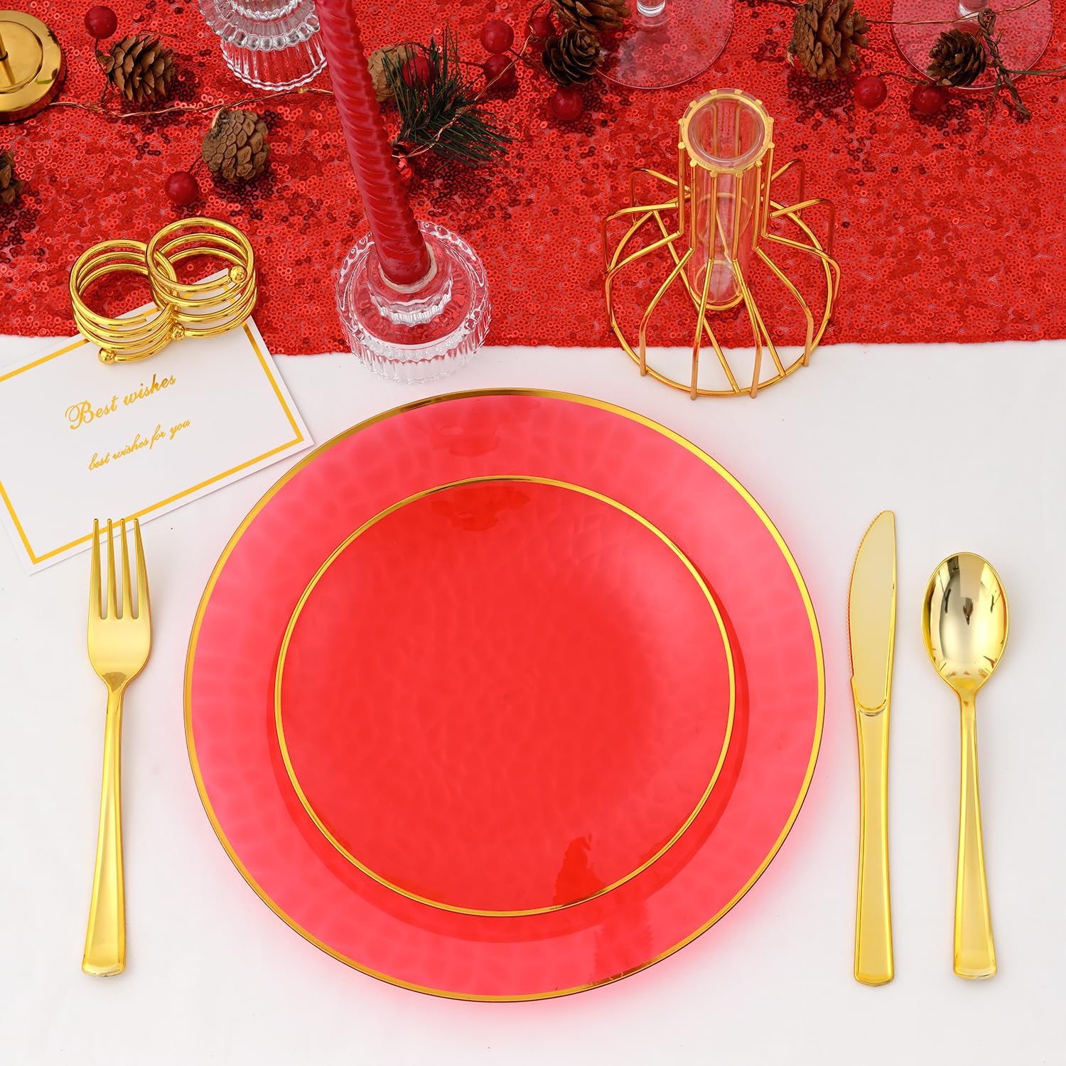 72pcs Red Plastic Plates with Gold Rim, Red Disposable Hammered Party Plate Includes 36 Dinner and 36 Dessert Plates for Wedding Party(36 Guests)