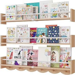 Nursery Bookshelves Wall Mounted，34inch，Set of 3, Floating Shelf Kids Coat Rack with 6Hooks,Hanging Shelf for Baby Nursery Room Décor, Patent Number: 29924445,Burlywood