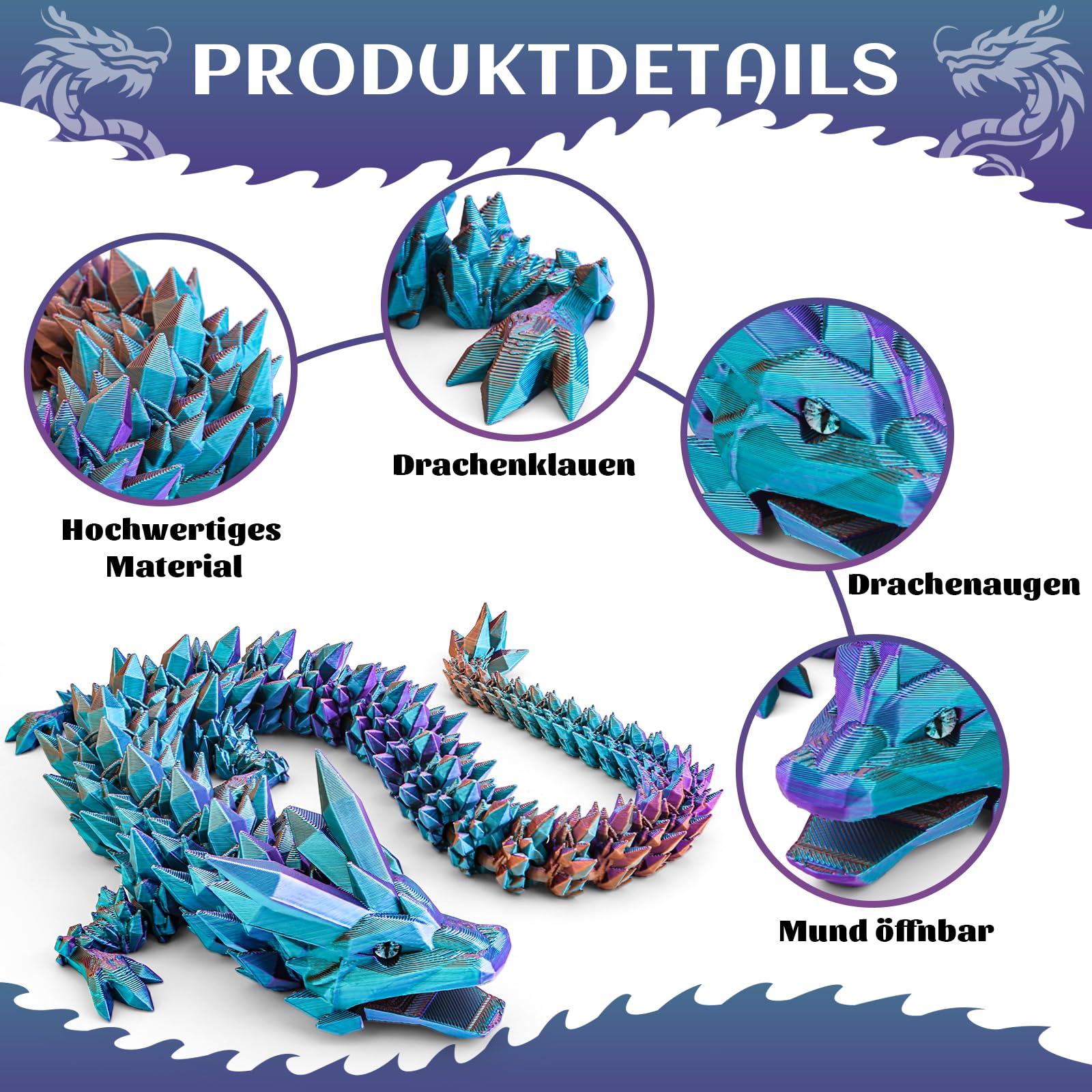 Drago stampato 3D, 60 cm, giocattolo con gli occhi, misteriosi figure di drago realistico, con articolazioni eque, in cristallo, regalo per bambini