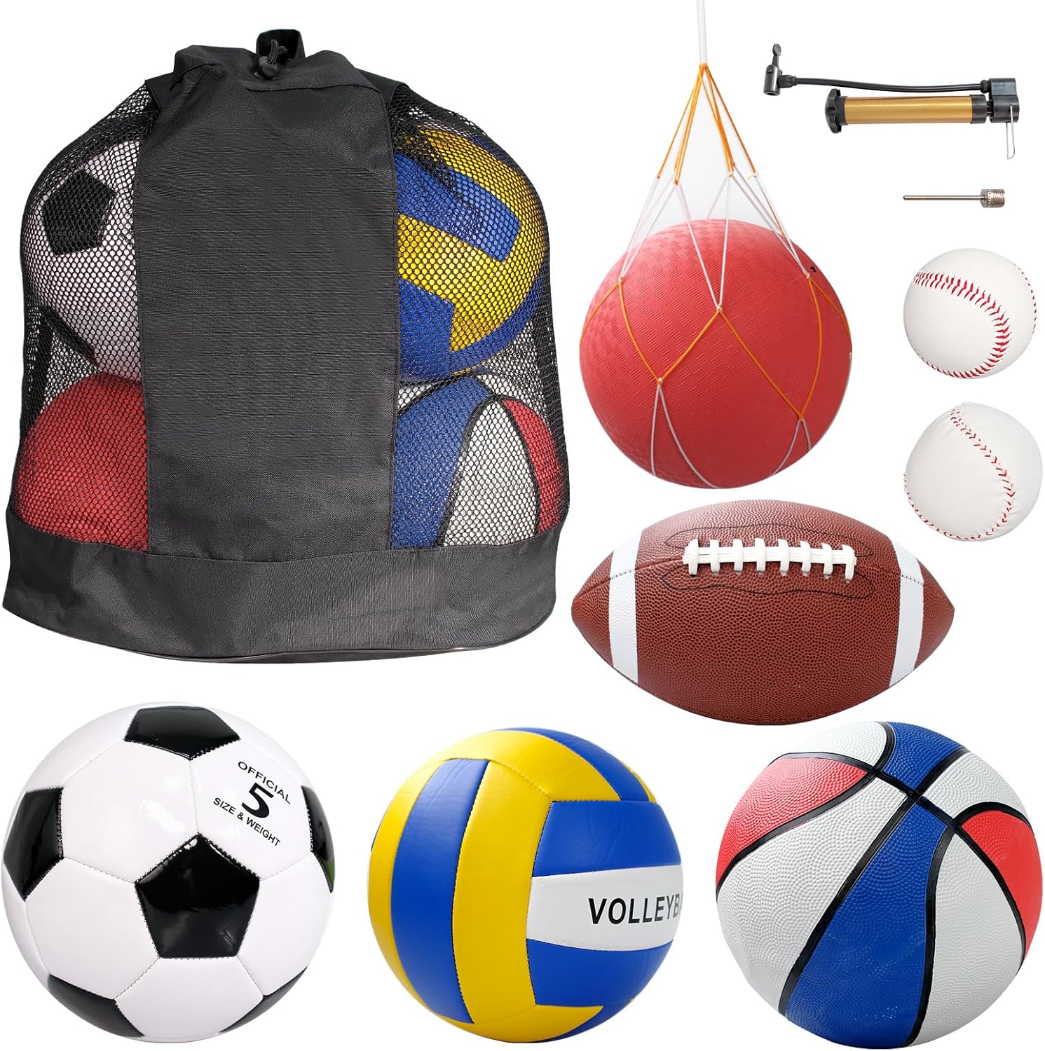 7 Piece Multi Purpose Sports Ball Set, Official Size Football, Basketball, Soccer, Volleyball, Playground Ball, Baseball, Softball, 2 Pumps and Storage Bag, Great for Teens and Adults