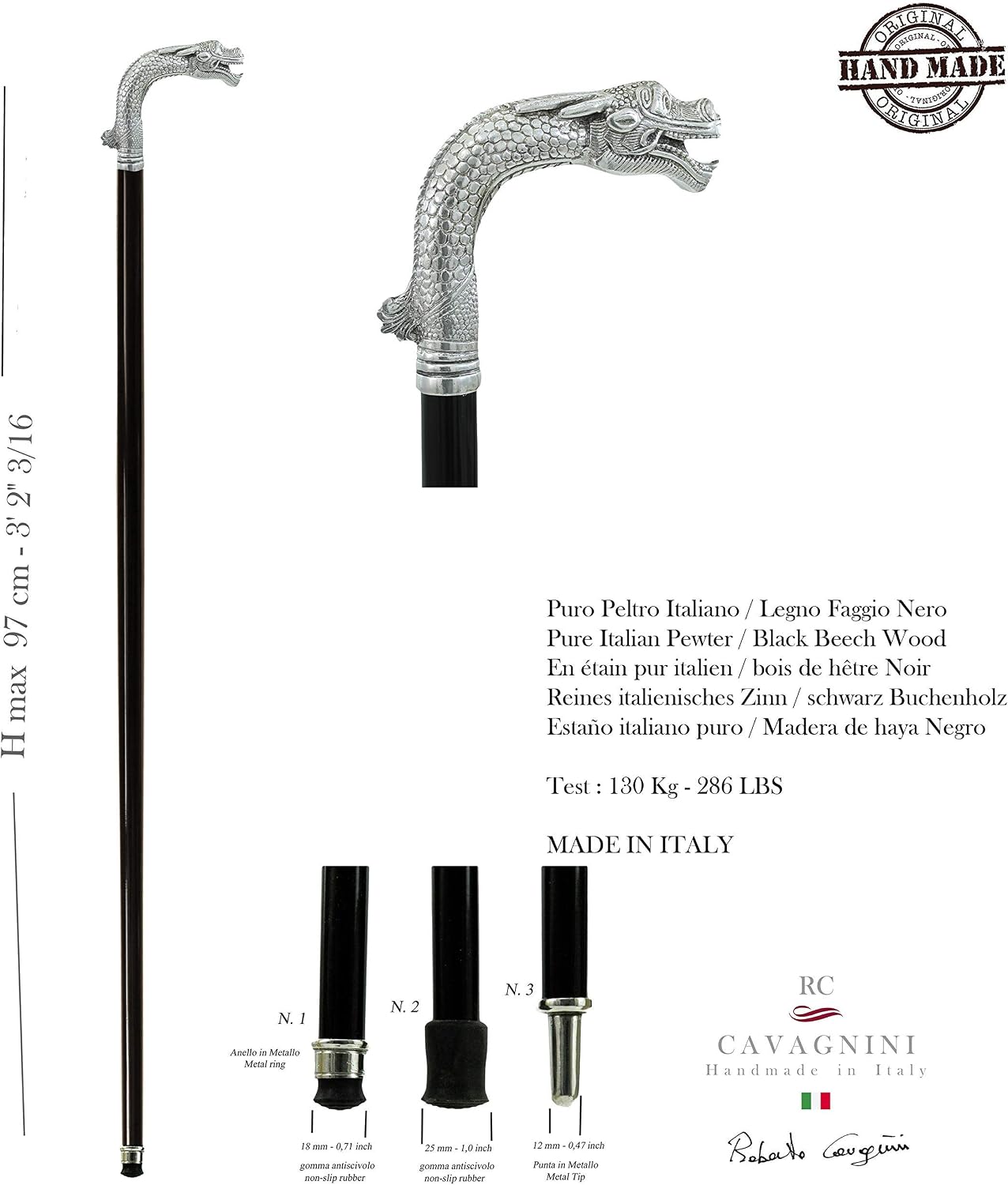 Elegant Wooden Walking Cane with Pewter Handle - Cavagnini Handmade Robust Stick for Men & Women, Luxury Made in Italy