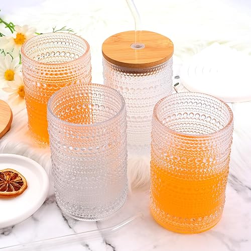 Miniatura 3 de Juego de 4 vasos vintage para beber con tapas de bambú, juego de cristalería acanalada a rayas transparentes texturizadas, juego de cóctel, tazas de