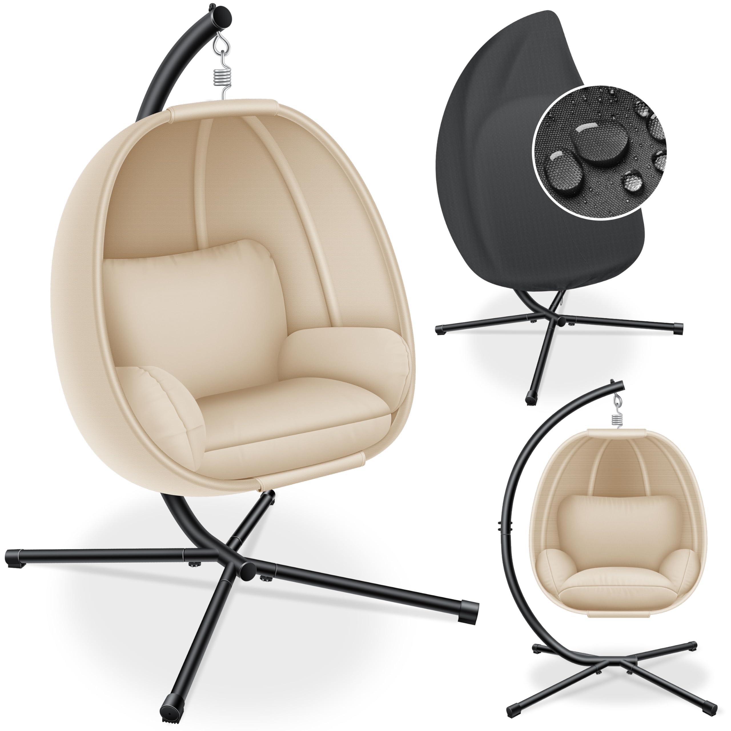 KESSER® Luxe Hängesessel mit Gestell + weiches Sitzkissen und Abdeckung, Seitenpolsterung, Rückenkissen Hängekorb Indoor & Outdoor, Garten Schaukel Hängestuhl Stabiler Standfuß, max. 150 kg Beige