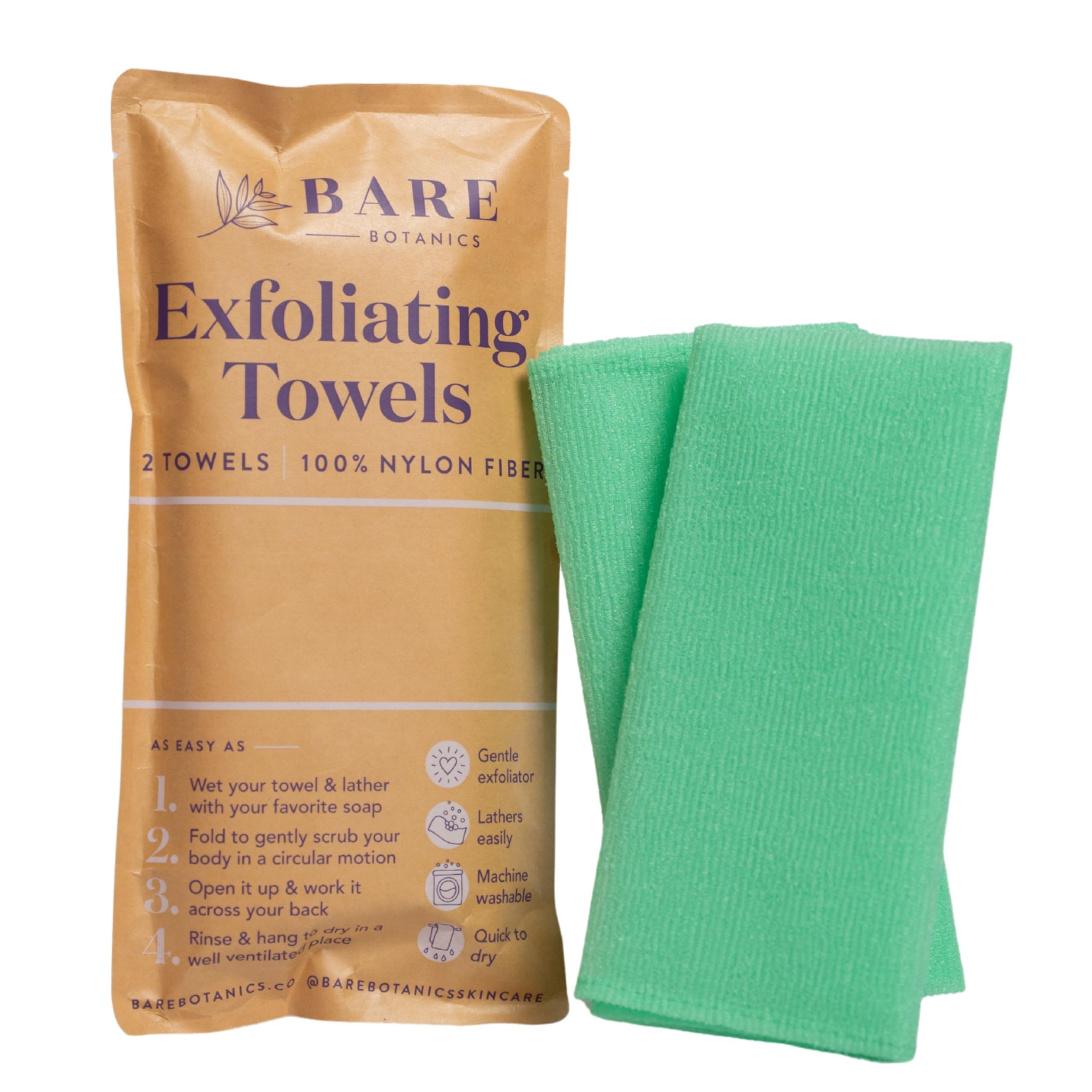 Bare Botanics 2 Pack Mint Heavy-Duty Exfoliating Shower Towels - 36 Extra Long to Reach All Places -