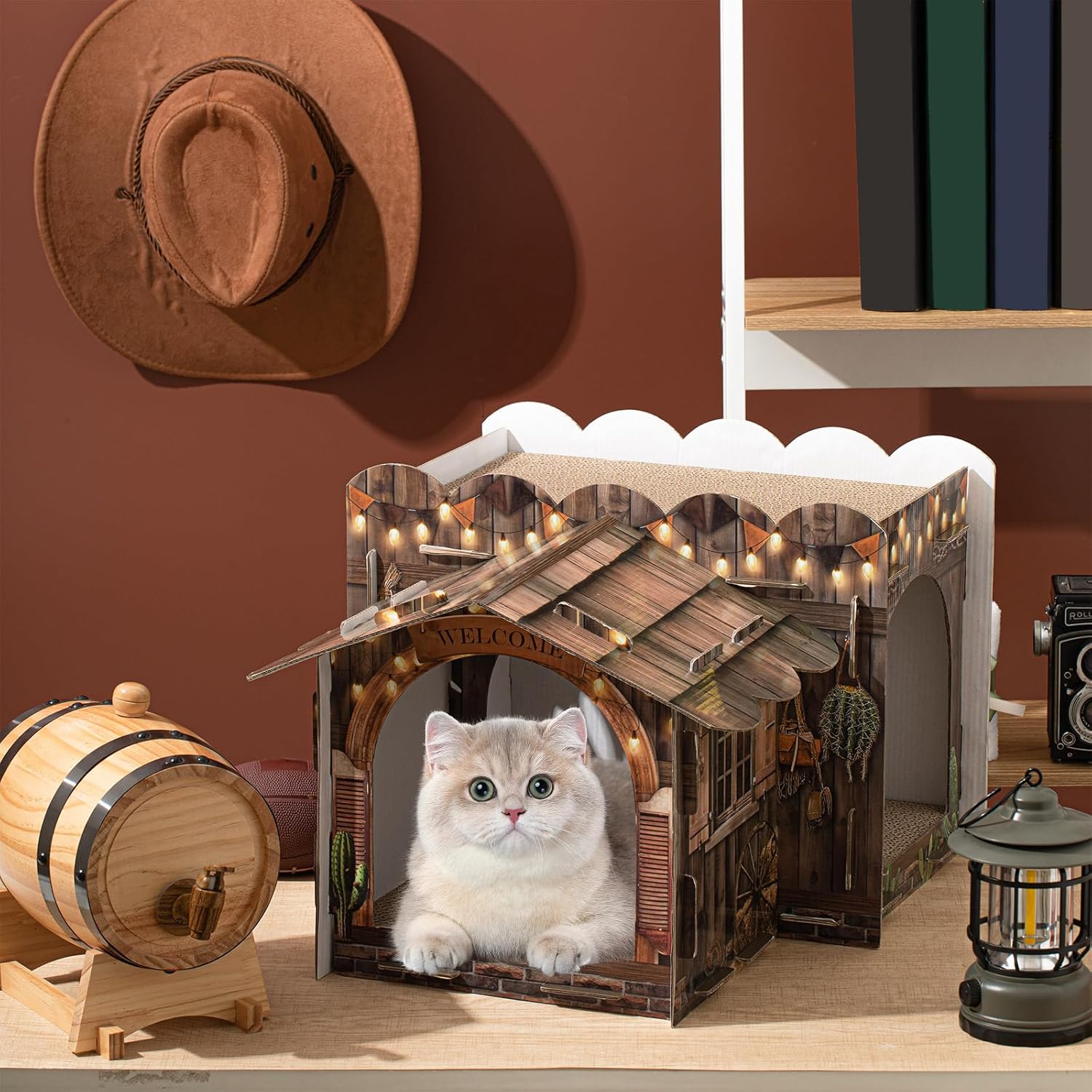 Lineshading 2 Story Cardboard Cat House with Scratcher Pad, Multi Level Durable Cat Scratcher House for Small Kitten Bunny Rabbit Animals Christmas Birthday Gift(17x12x10,Western)