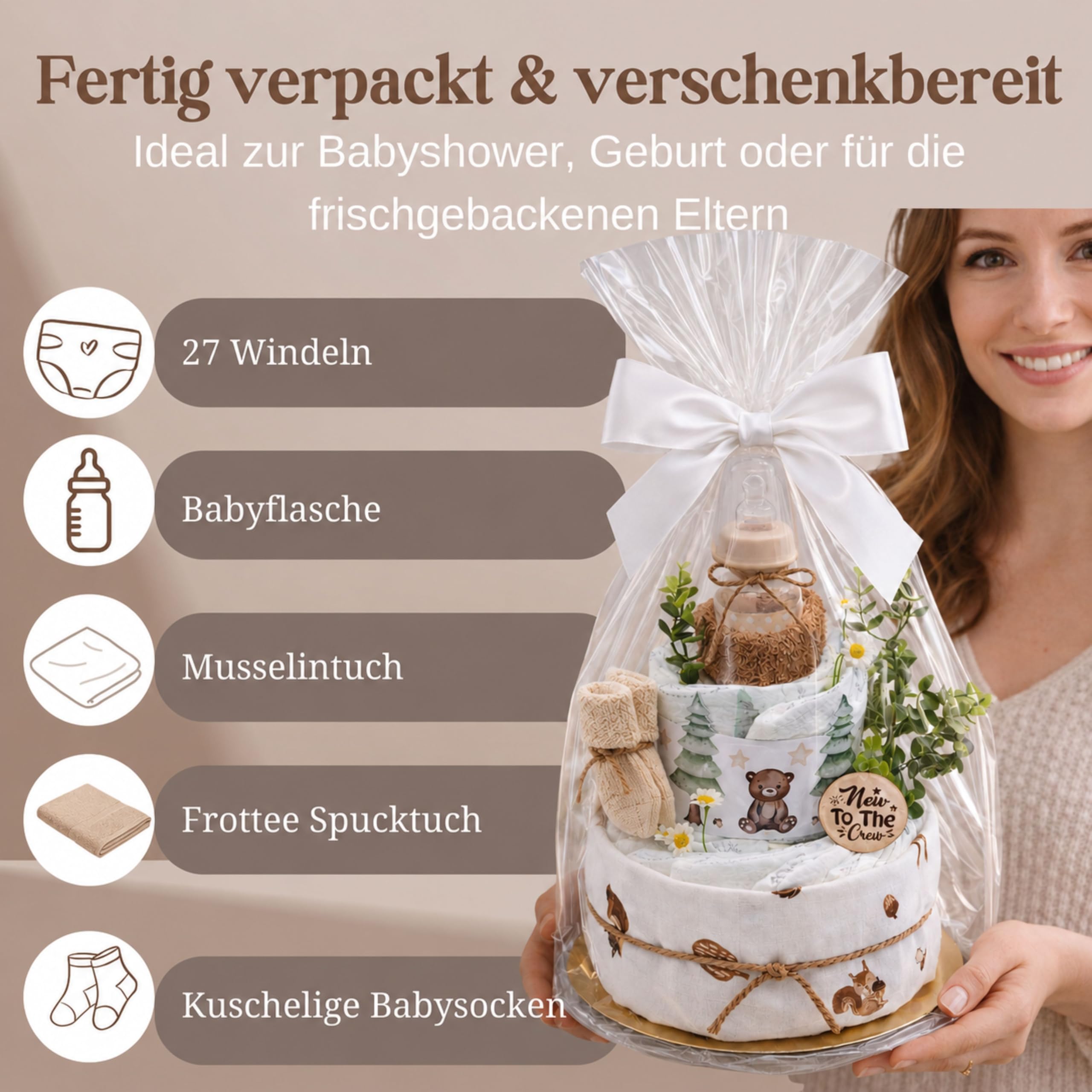 Windeltorte Baby Wald mit Musselintuch, Baby Teeflasche, Spucktuch, Babysocken-Geschenk zur Geburt (Brown)