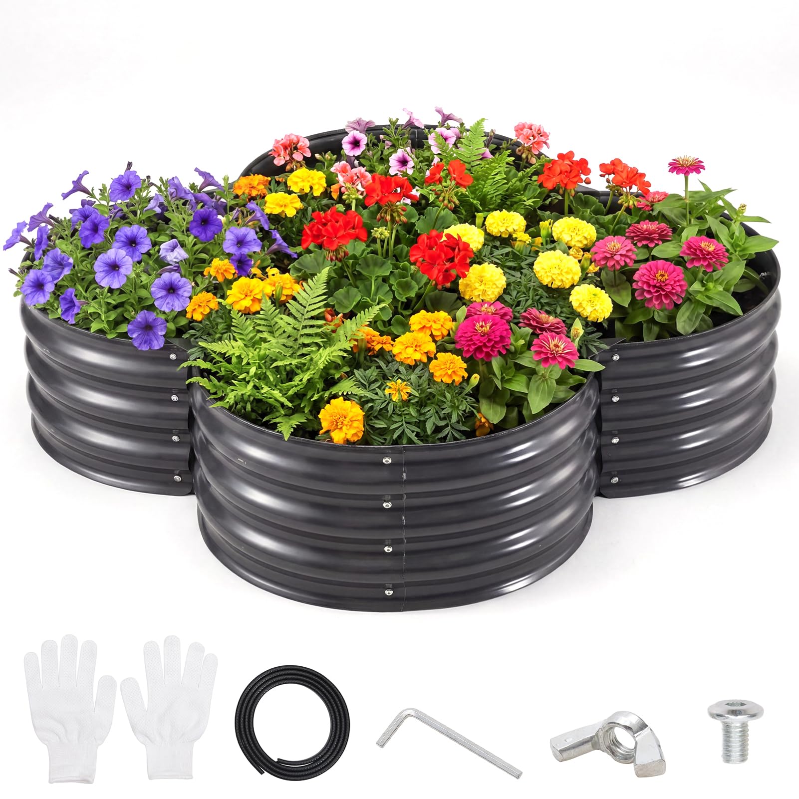 Warmiehom Galvanised Steel Raised Garden Bed, 130 x 130 x 28cm Bottomless Metal Planter Box Outdoor with Safety Edging, Flower-shape Raised Bed for Growing Vegetables, Fruits, Flowers, Black