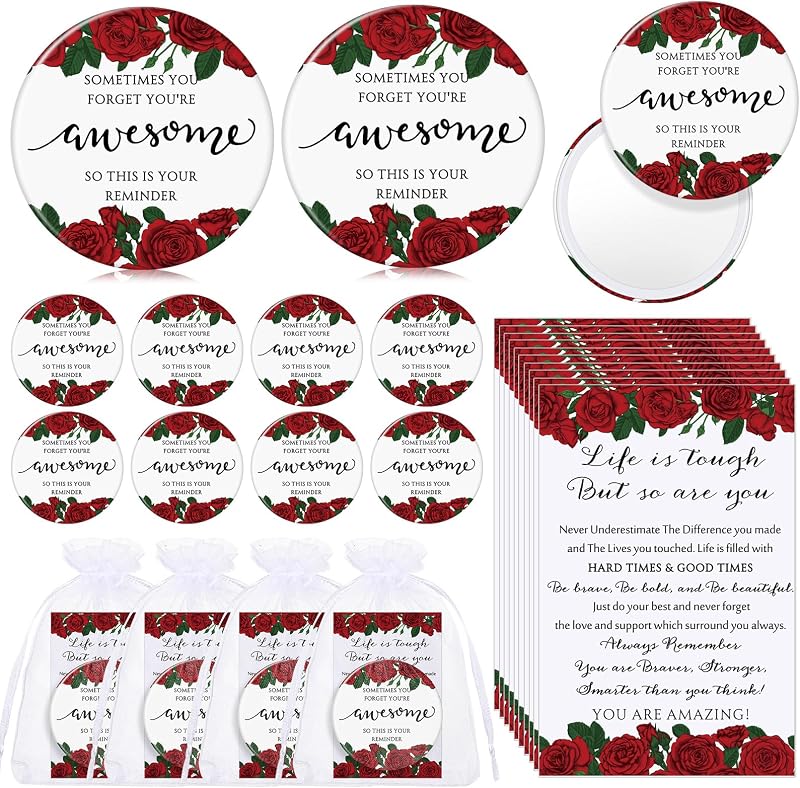 Cinnvoice Conjunto com 25 Espelhos Compactos Redondos, Cartões e Sacos de Organza, Rose