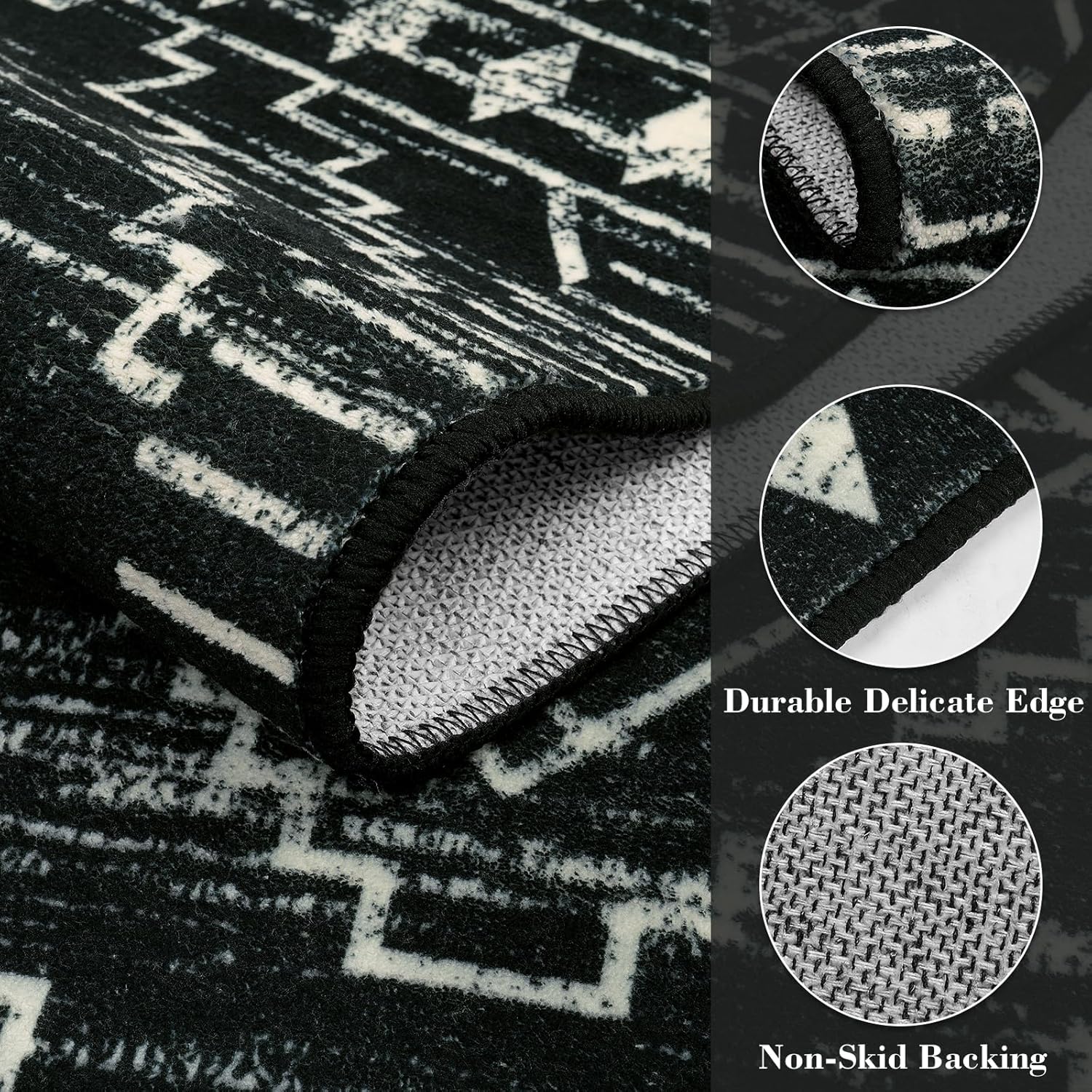 Wonnitar Moroccan Bathroom Rug,Washable 2x3 Small Bath Mat, Boho Tribal Soft Kitchen Sink Mat, Non-Slip Geometric Entry Way Rug, Low-Pile Indoor Carpet for Bedside Entrance Laundry (Black,2'x3') - Image 2